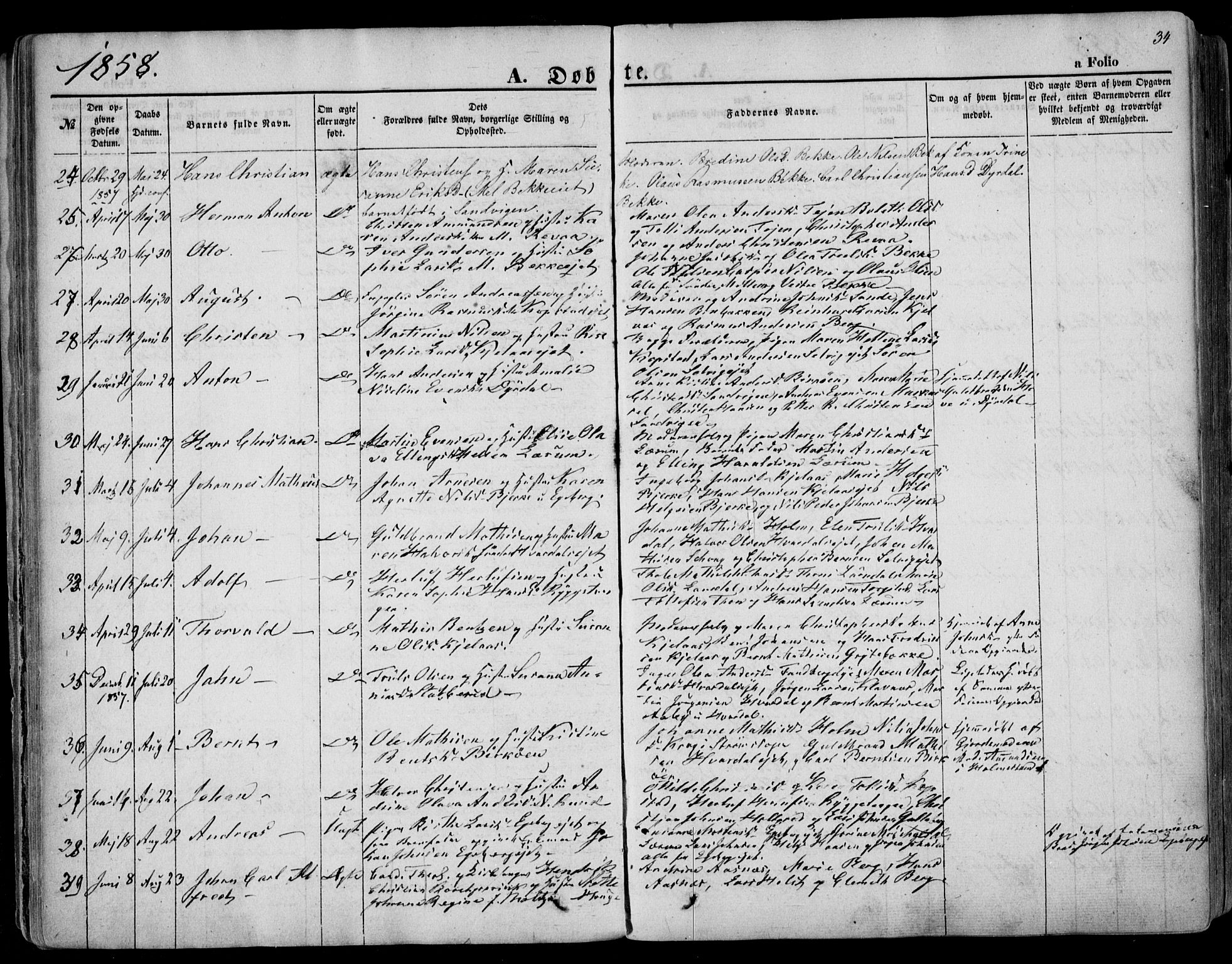 Sande Kirkebøker, AV/SAKO-A-53/F/Fa/L0004: Parish register (official) no. 4, 1847-1864, p. 34