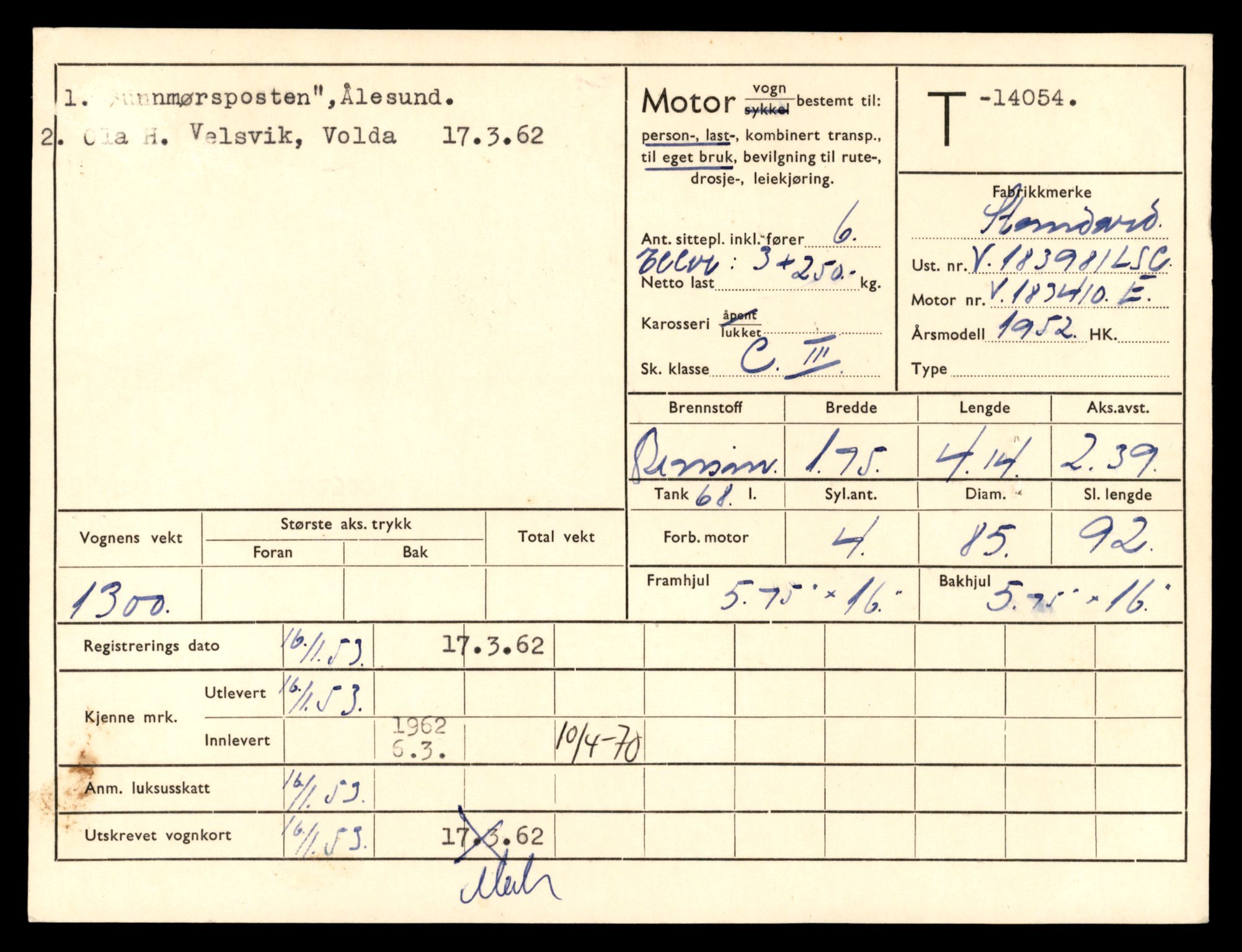 Møre og Romsdal vegkontor - Ålesund trafikkstasjon, AV/SAT-A-4099/F/Fe/L0042: Registreringskort for kjøretøy T 13906 - T 14079, 1927-1998, p. 2565