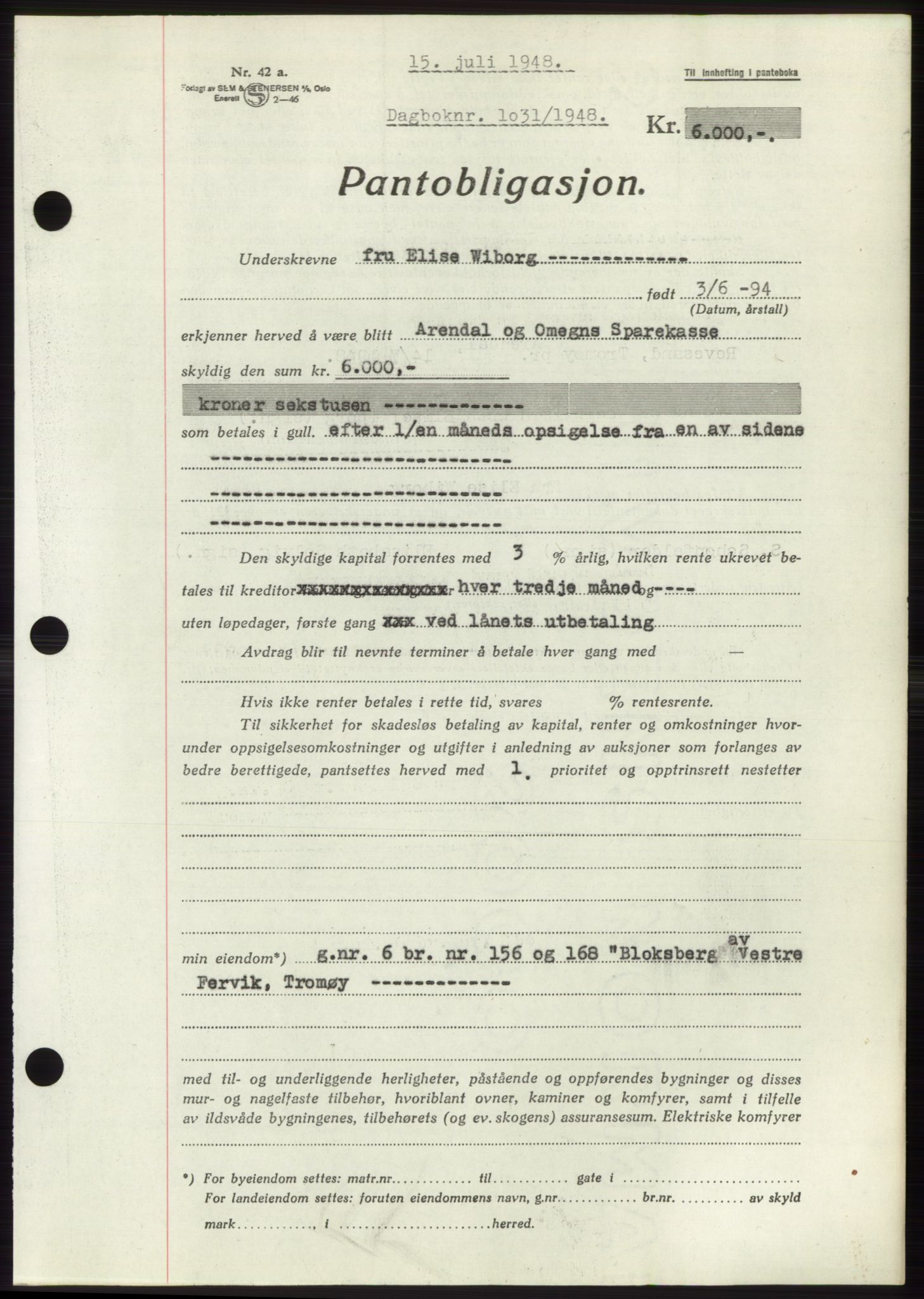 Nedenes sorenskriveri, AV/SAK-1221-0006/G/Gb/Gbb/L0005: Mortgage book no. B5, 1948-1948, Diary no: : 1031/1948