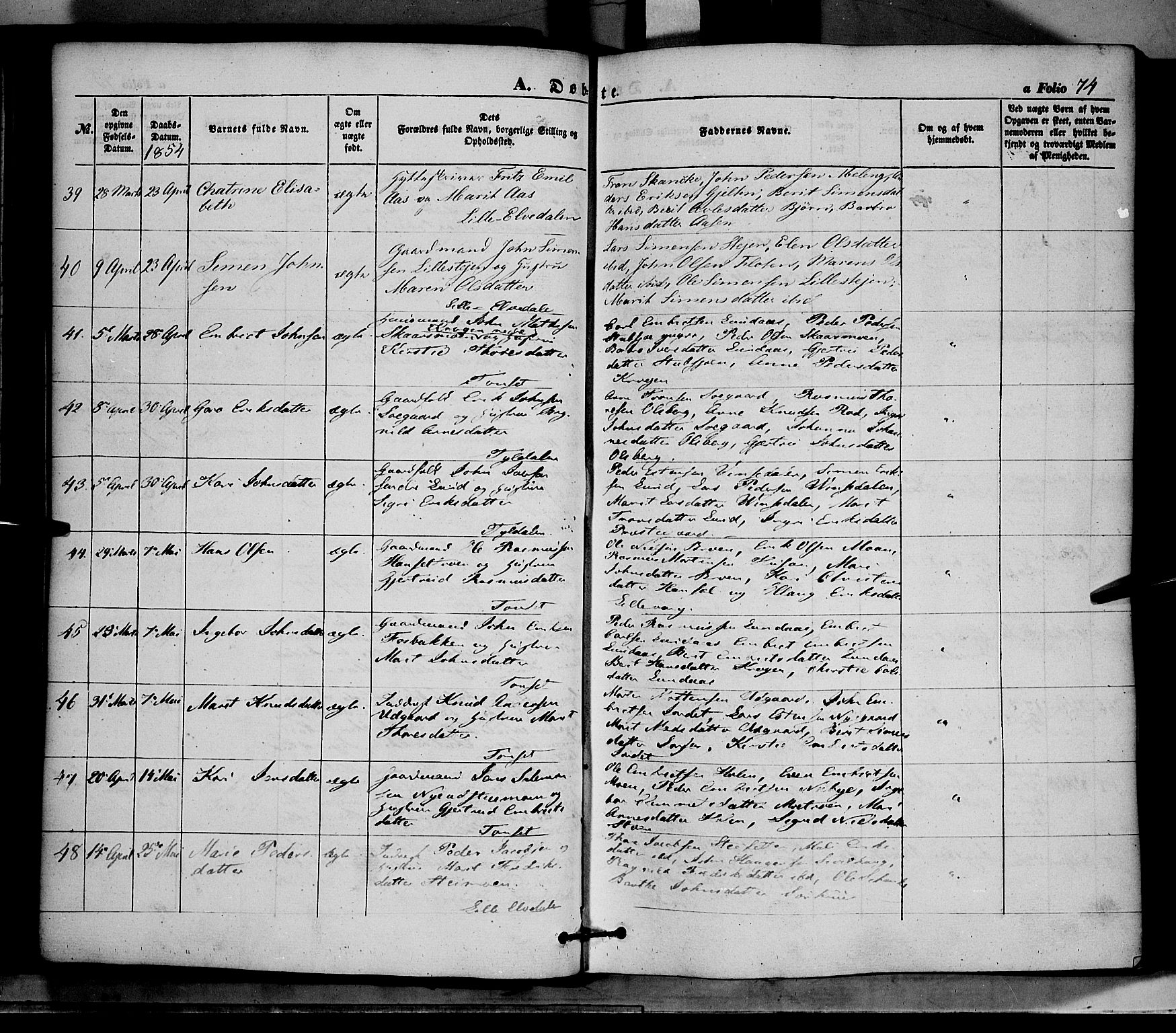 Tynset prestekontor, AV/SAH-PREST-058/H/Ha/Haa/L0020: Parish register (official) no. 20, 1848-1862, p. 74