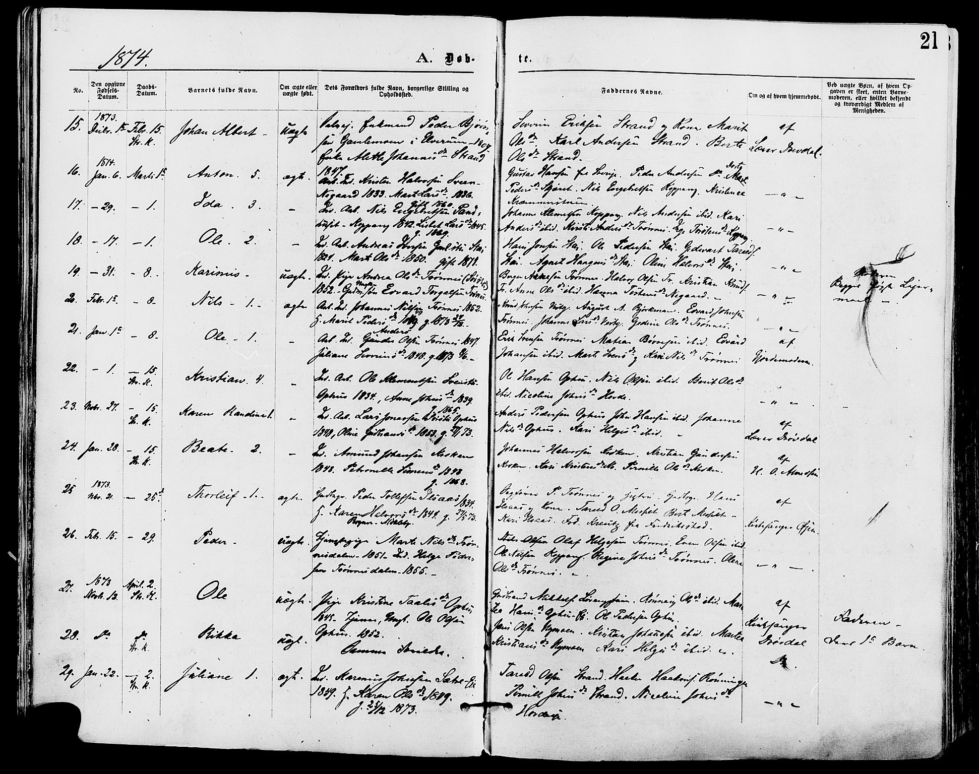 Stor-Elvdal prestekontor, AV/SAH-PREST-052/H/Ha/Haa/L0001: Parish register (official) no. 1, 1871-1882, p. 21