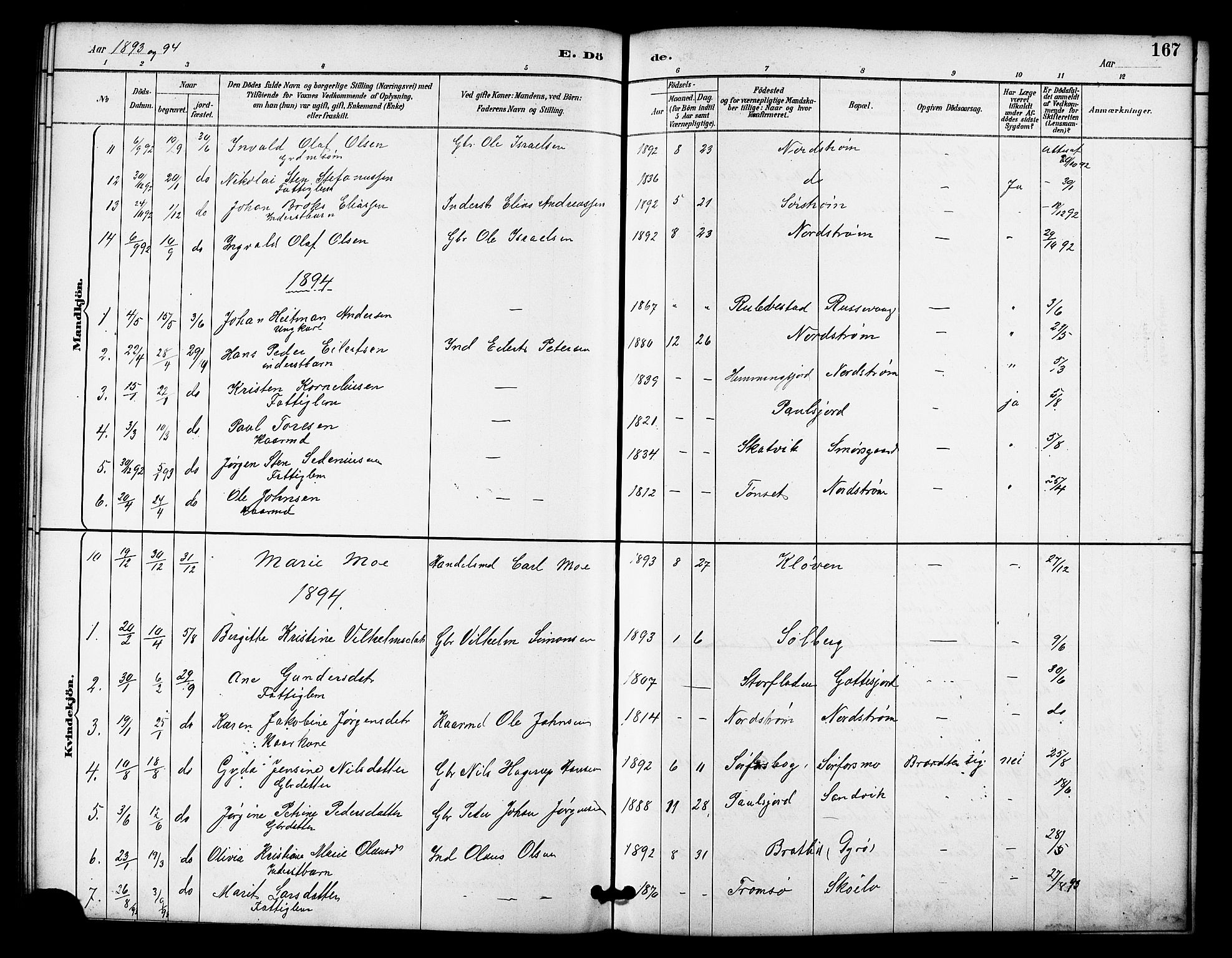 Tranøy sokneprestkontor, SATØ/S-1313/I/Ia/Iab/L0022klokker: Parish register (copy) no. 22, 1887-1912, p. 167
