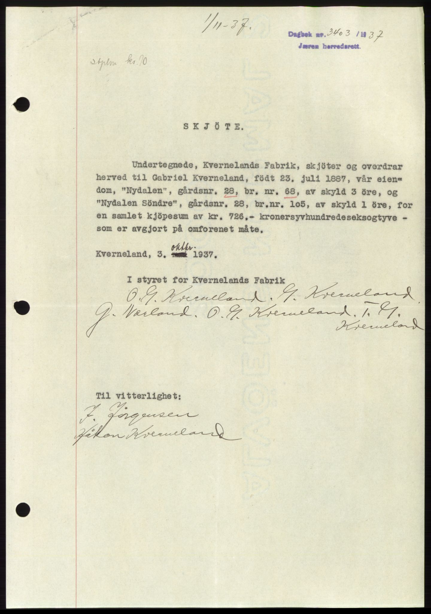 Jæren sorenskriveri, SAST/A-100310/03/G/Gba/L0069: Mortgage book, 1937-1937, Diary no: : 3403/1937