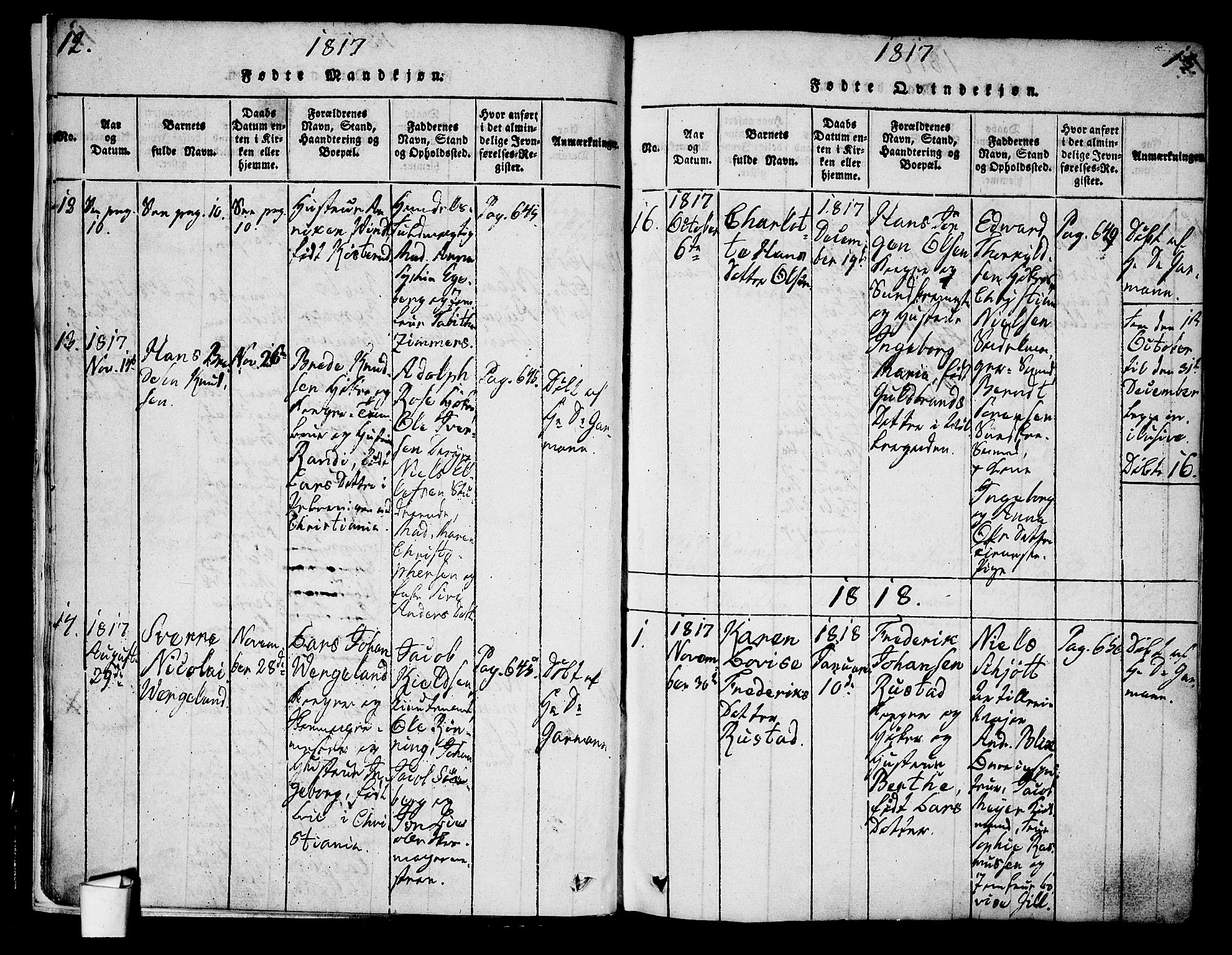 Oslo domkirke Kirkebøker, SAO/A-10752/G/Ga/L0001: Parish register (copy) no. 1, 1817-1825, p. 12-13
