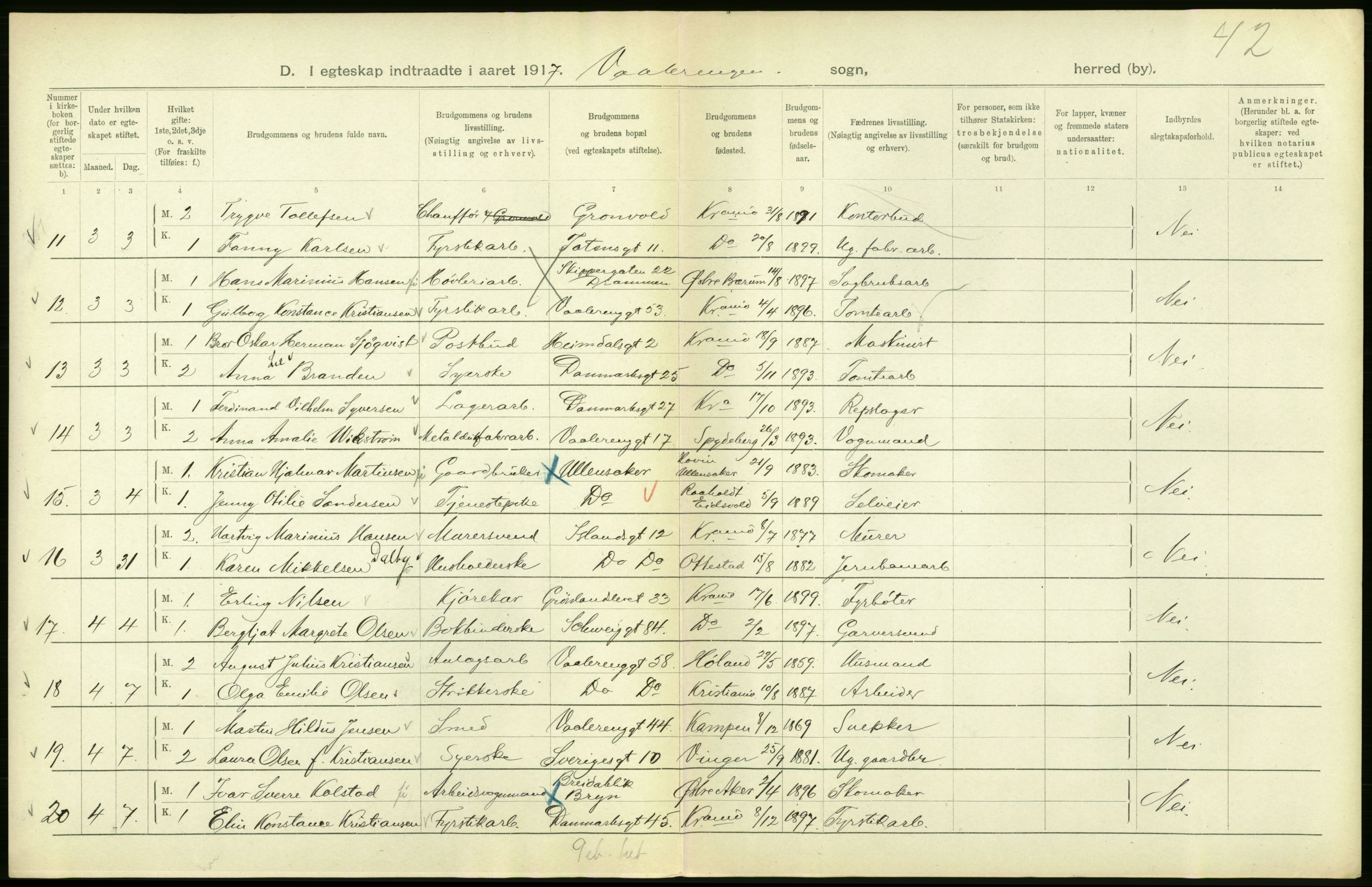 Statistisk sentralbyrå, Sosiodemografiske emner, Befolkning, AV/RA-S-2228/D/Df/Dfb/Dfbg/L0009: Kristiania: Gifte, 1917, p. 74