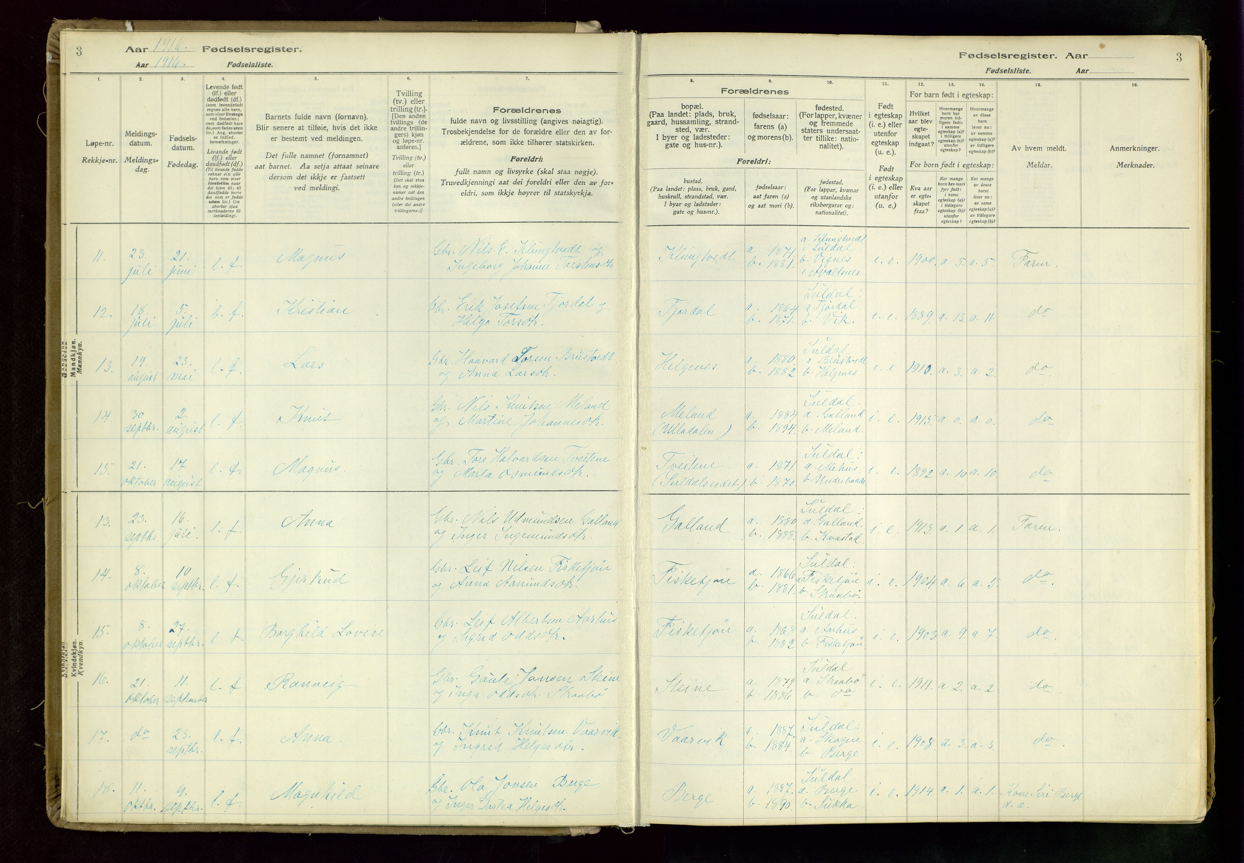 Suldal sokneprestkontor, AV/SAST-A-101845/03/A/L0002: Birth register no. 2, 1916-1982, p. 3