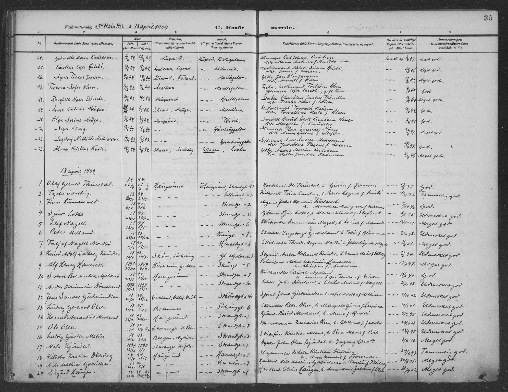 Haugesund sokneprestkontor, SAST/A -101863/H/Ha/Haa/L0007: Parish register (official) no. A 7, 1904-1916, p. 35