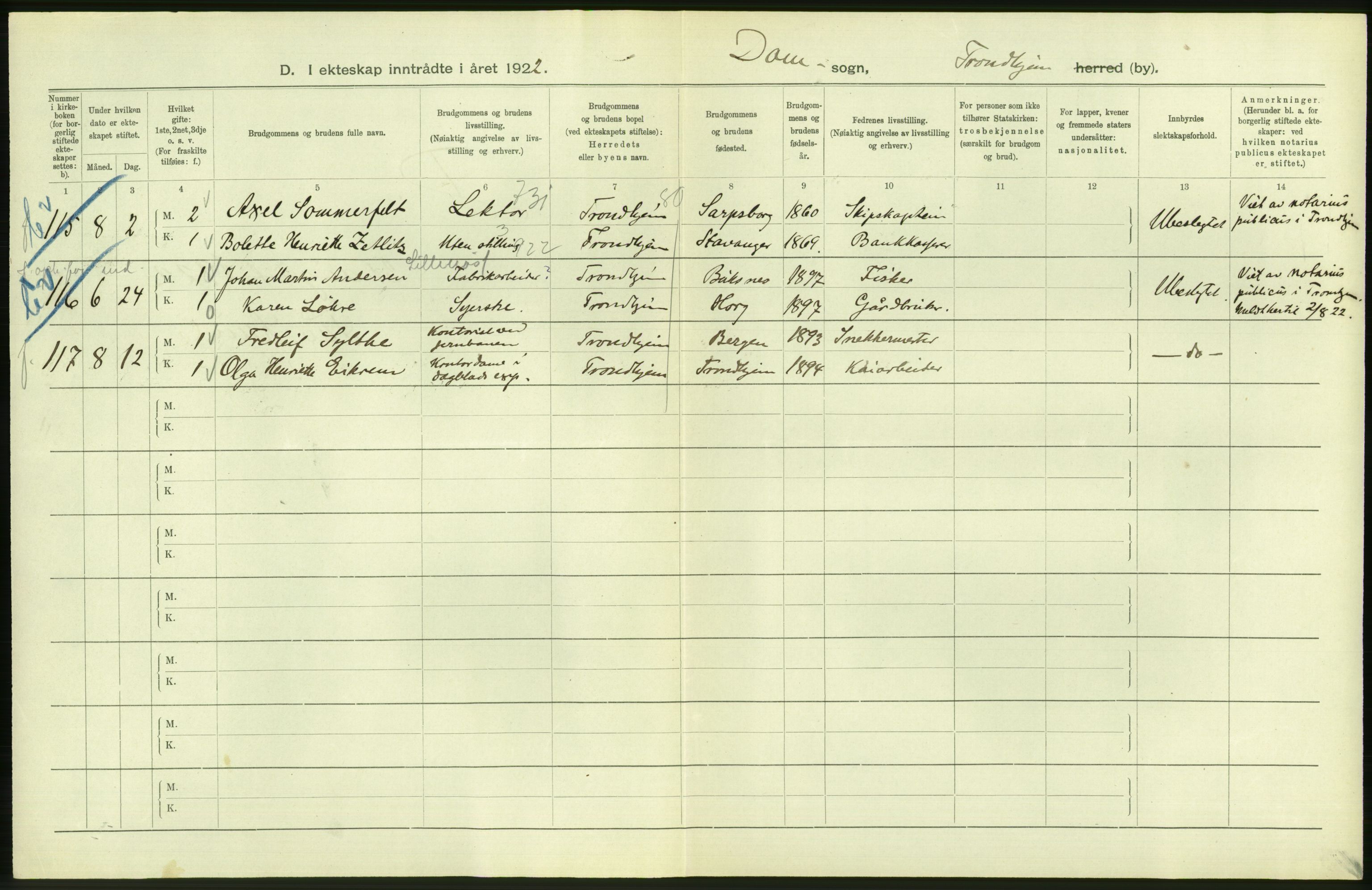 Statistisk sentralbyrå, Sosiodemografiske emner, Befolkning, AV/RA-S-2228/D/Df/Dfc/Dfcb/L0040: Trondheim: Gifte, døde, dødfødte., 1922, p. 32