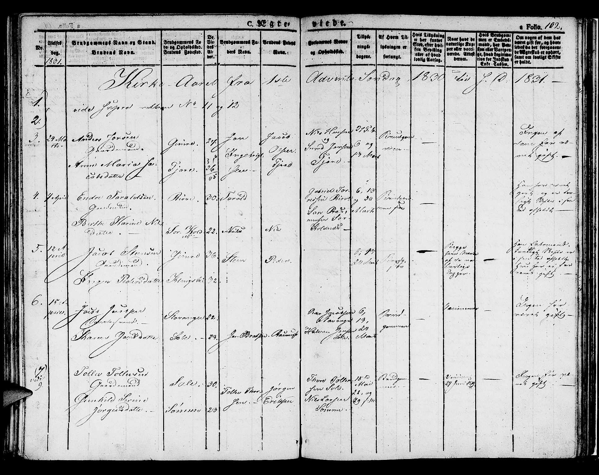 Håland sokneprestkontor, SAST/A-101802/001/30BA/L0005: Parish register (official) no. A 5, 1829-1841, p. 102