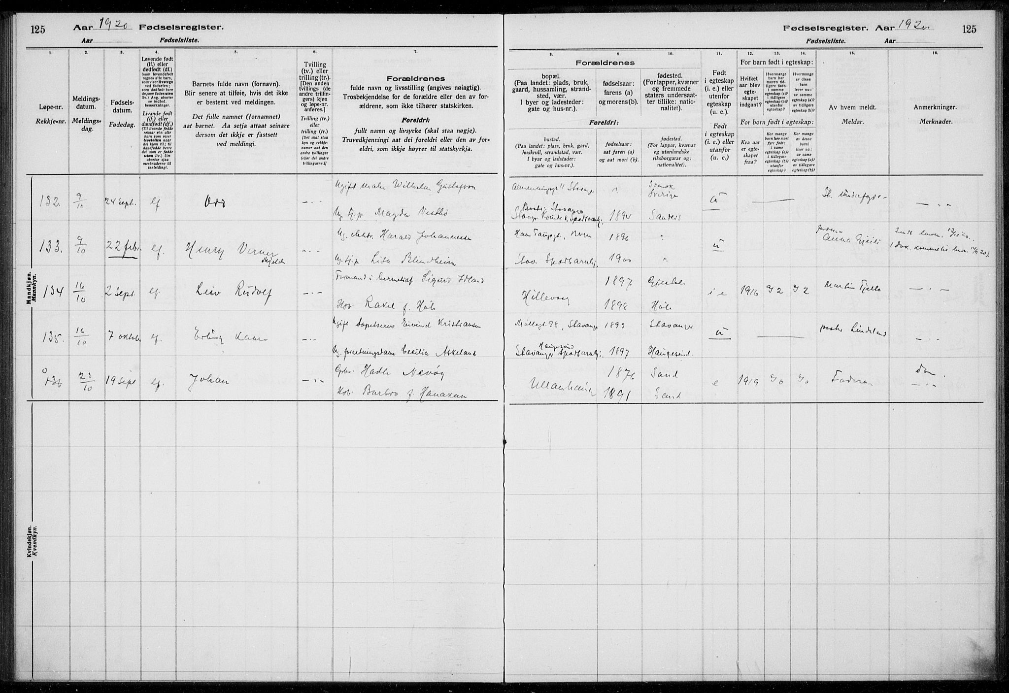 Hetland sokneprestkontor, AV/SAST-A-101826/70/704BA/L0003: Birth register no. 1, 1916-1923, p. 125