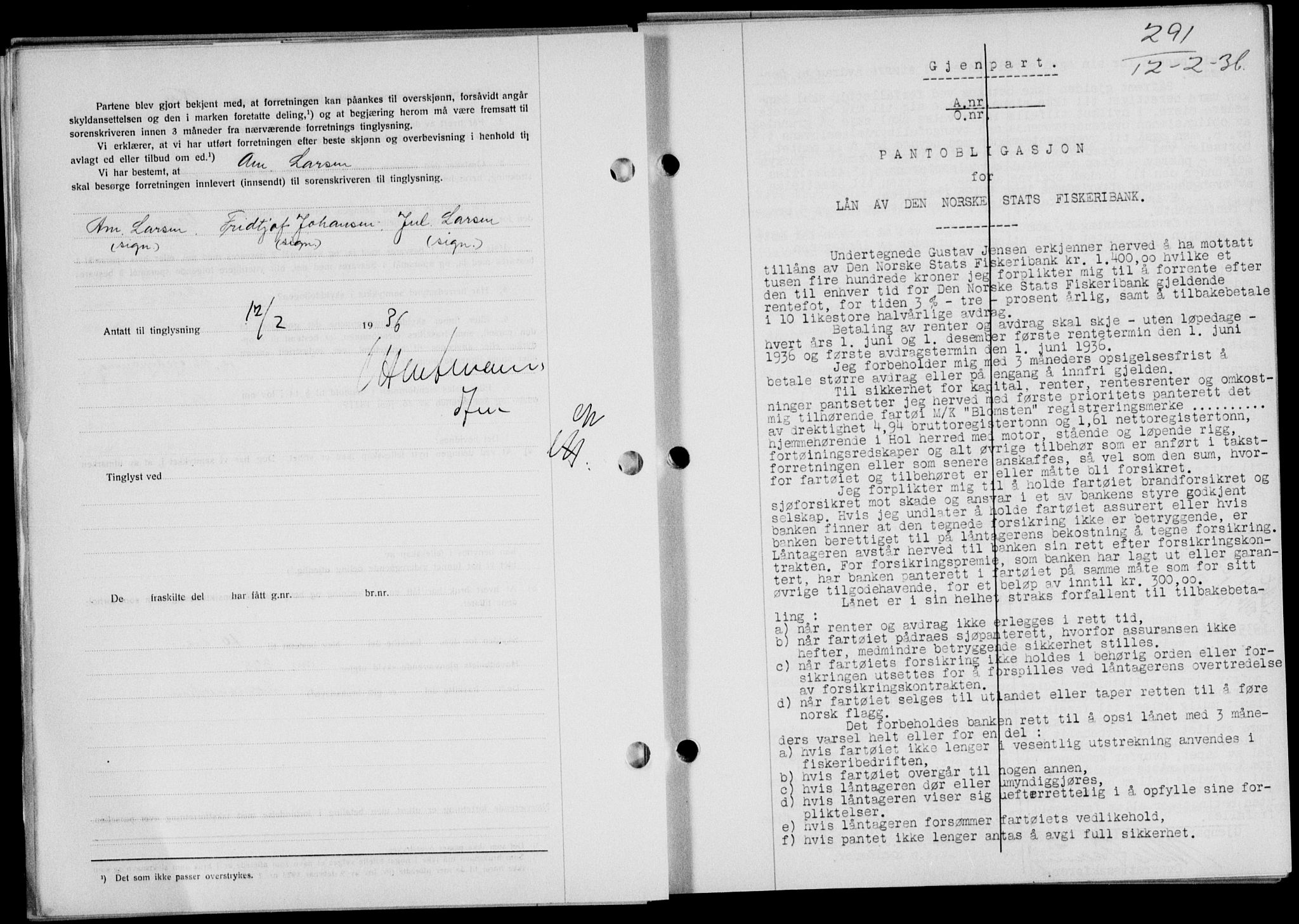 Lofoten sorenskriveri, SAT/A-0017/1/2/2C/L0033b: Mortgage book no. 33b, 1936-1936, Diary no: : 291/1936