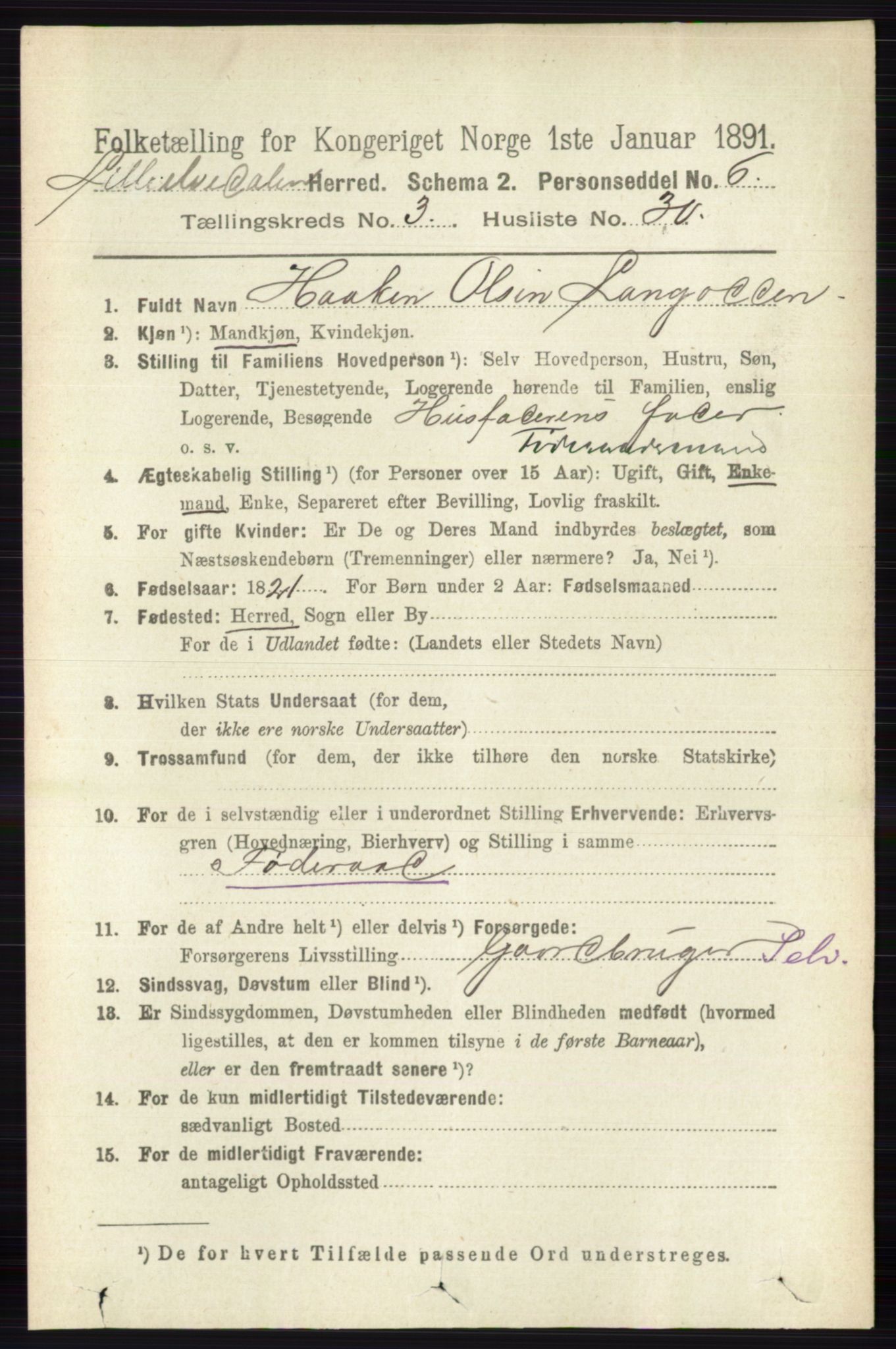 RA, 1891 census for 0438 Lille Elvedalen, 1891, p. 1285