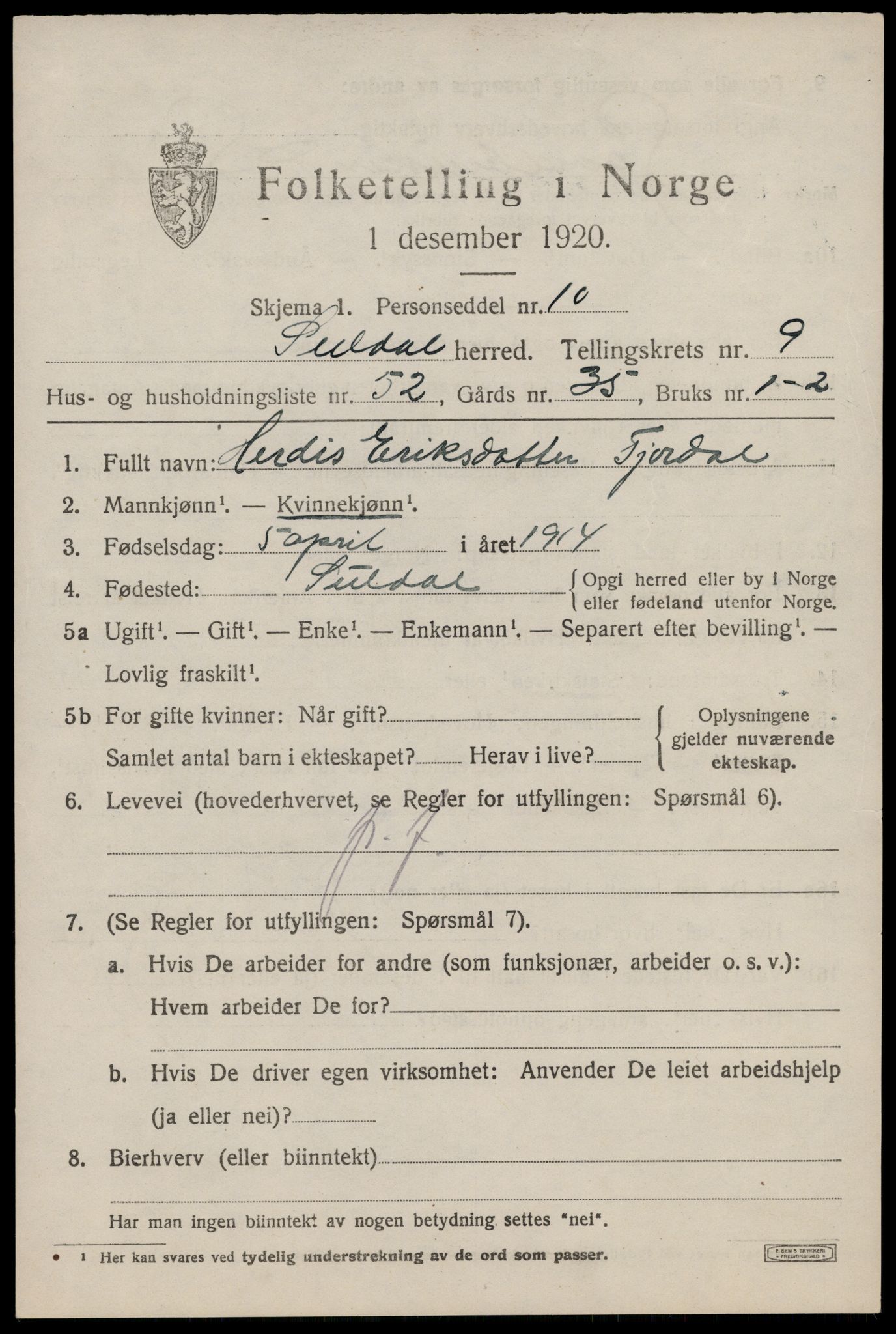 SAST, 1920 census for Suldal, 1920, p. 2700