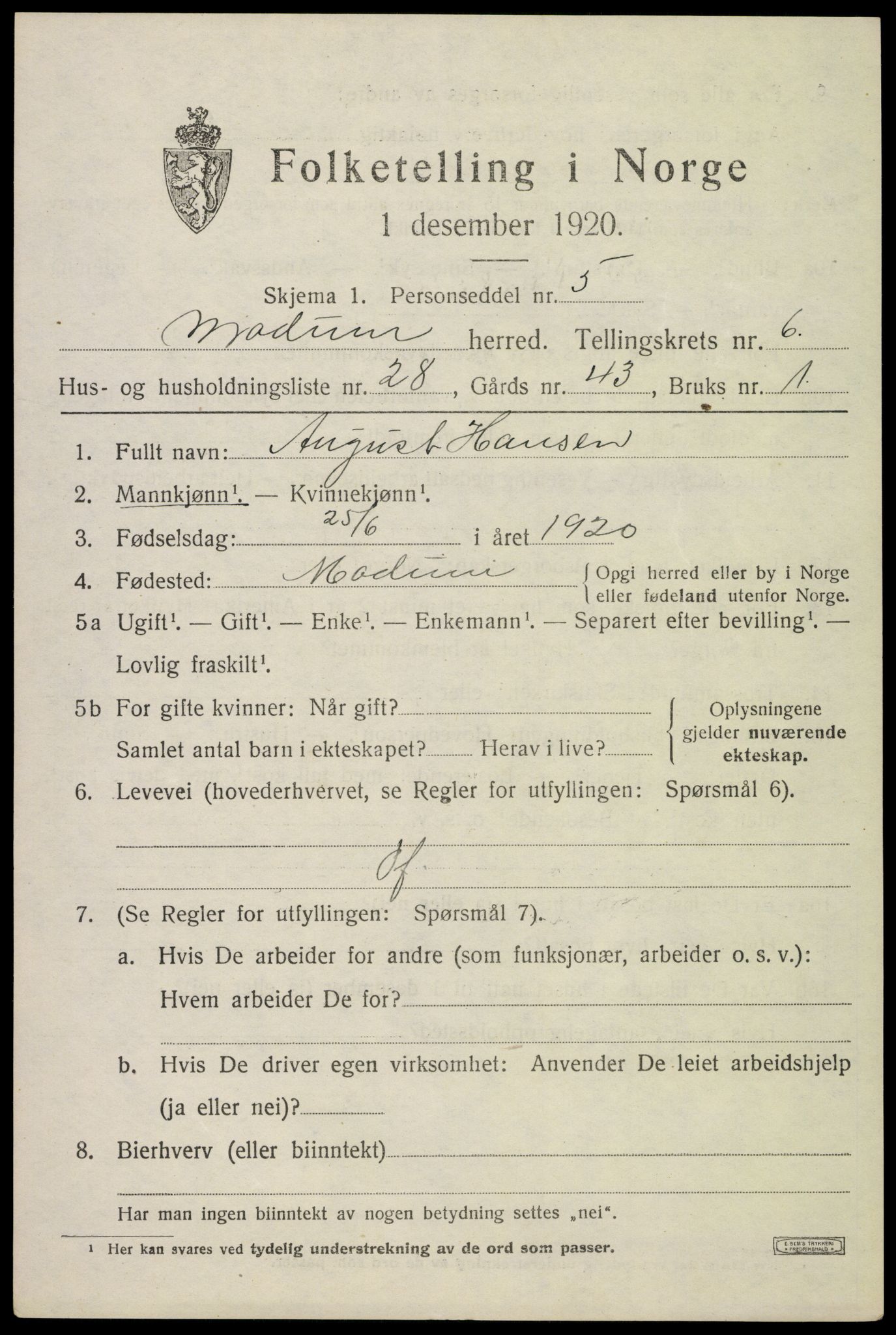 SAKO, 1920 census for Modum, 1920, p. 9029