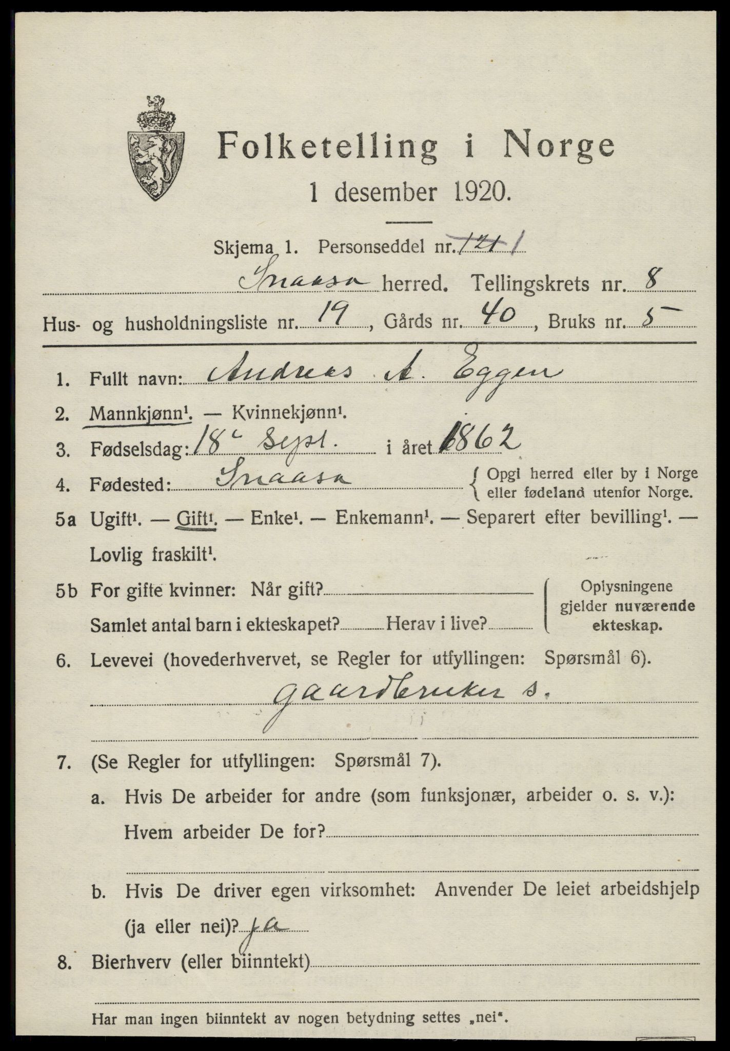 SAT, 1920 census for Snåsa, 1920, p. 3408