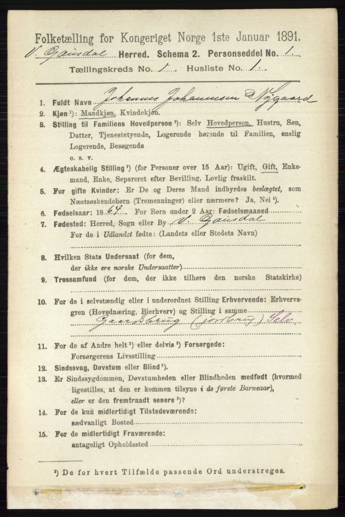 RA, 1891 census for 0523 Vestre Gausdal, 1891, p. 82