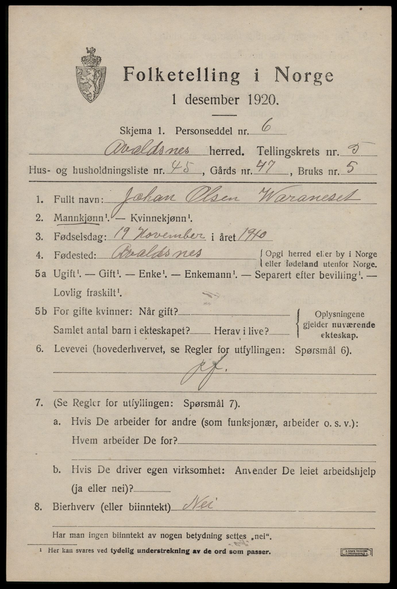 SAST, 1920 census for Avaldsnes, 1920, p. 5645