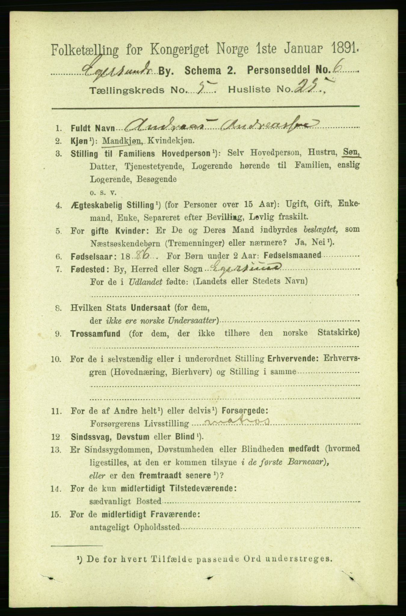 RA, 1891 census for 1101 Egersund, 1891, p. 971