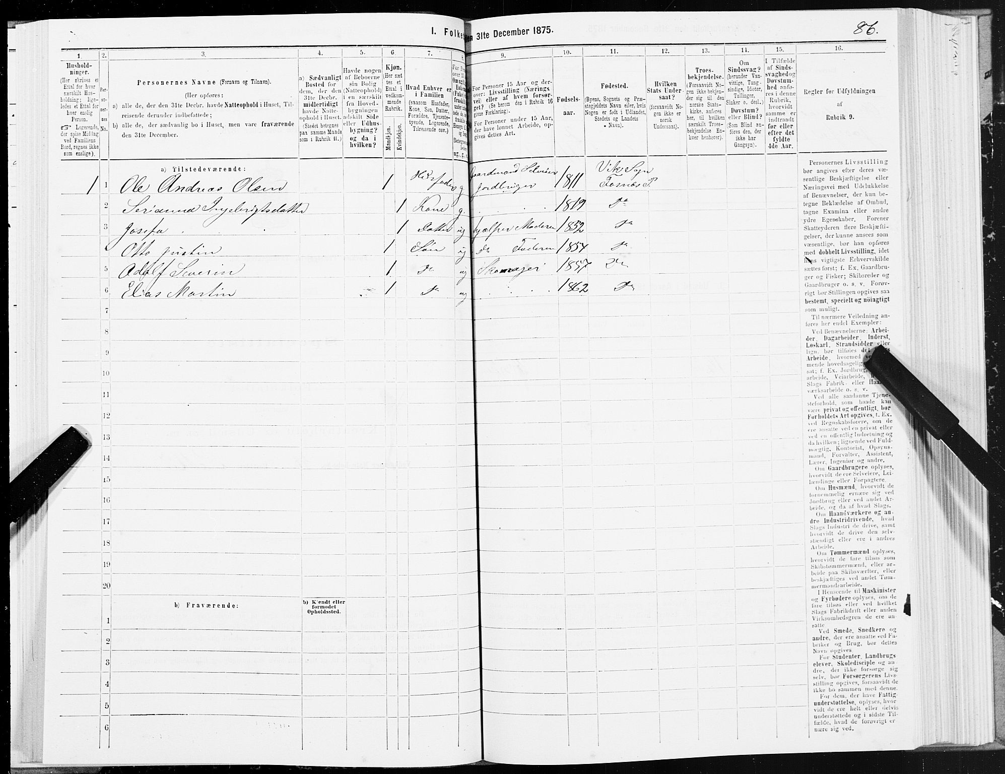 SAT, 1875 census for 1748P Fosnes, 1875, p. 3086