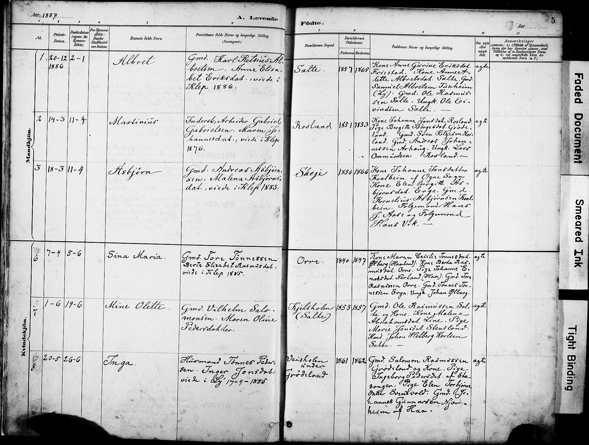 Klepp sokneprestkontor, AV/SAST-A-101803/001/3/30BA/L0007: Parish register (official) no. A 8, 1886-1912, p. 5