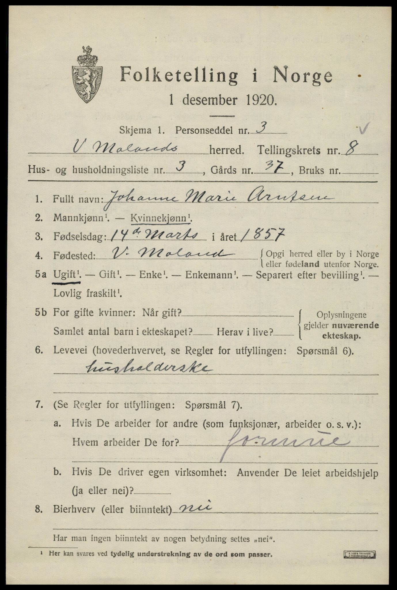 SAK, 1920 census for Vestre Moland, 1920, p. 5233