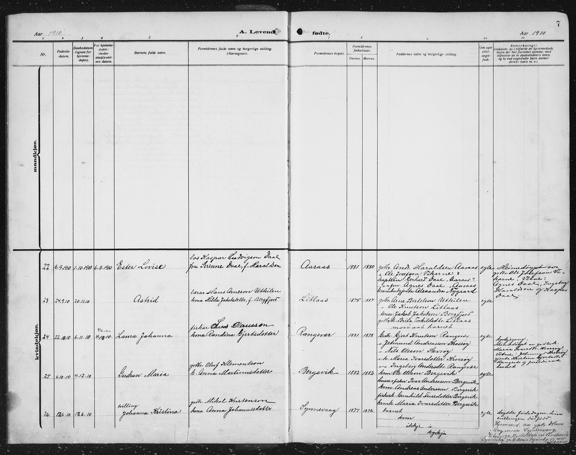 Lindås Sokneprestembete, SAB/A-76701/H/Hab: Parish register (copy) no. C 5, 1910-1927, p. 7