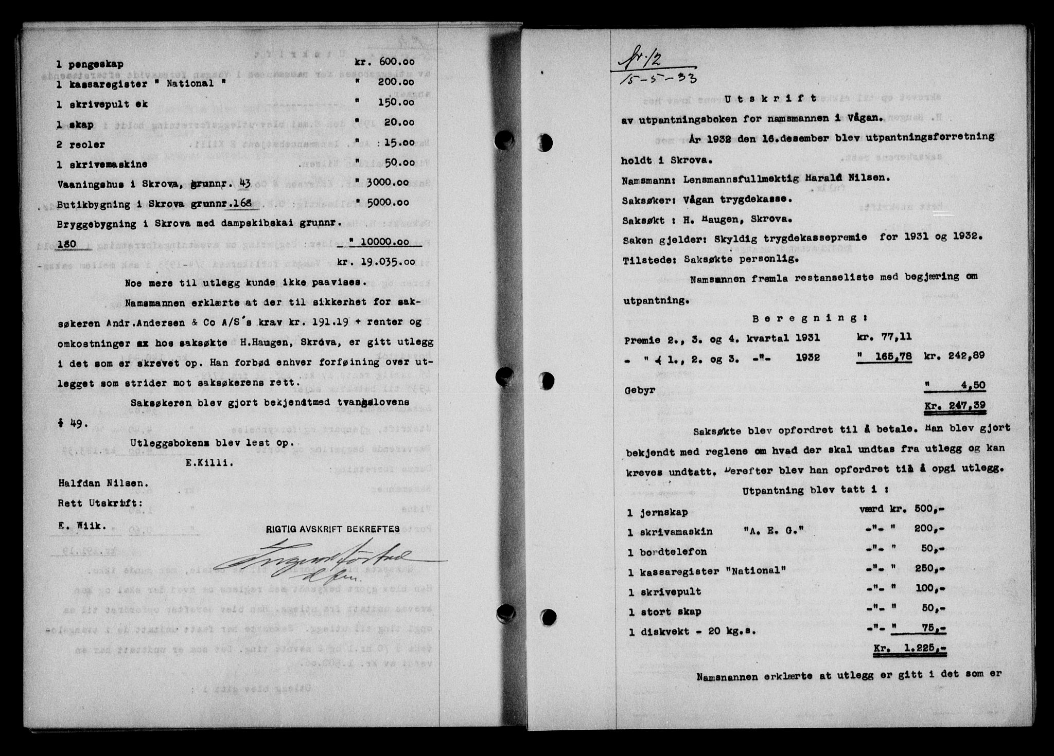 Lofoten sorenskriveri, SAT/A-0017/1/2/2C/L0027b: Mortgage book no. 27b, 1933-1933, Deed date: 15.05.1933
