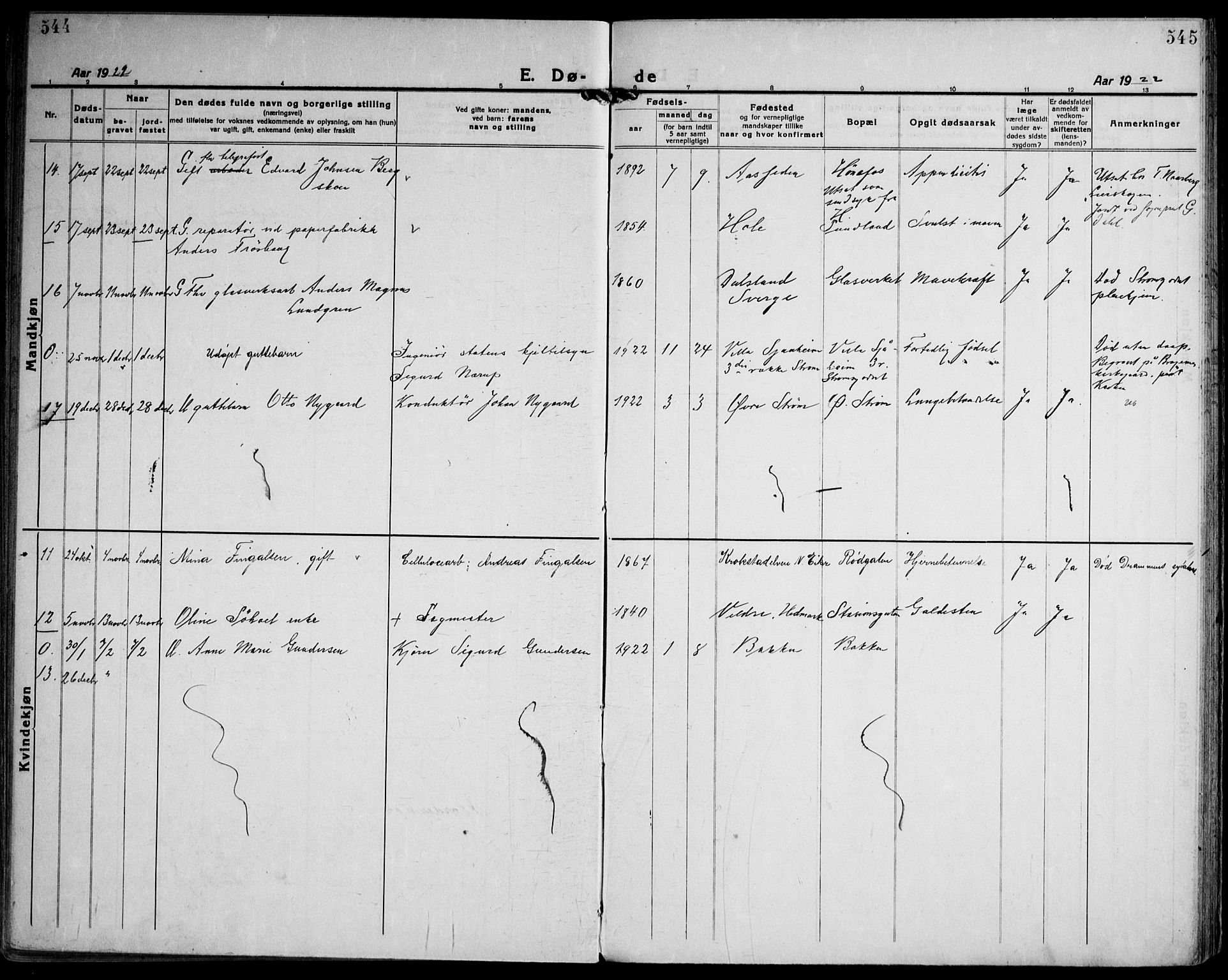 Strømsgodset kirkebøker, AV/SAKO-A-324/F/Fa/L0003: Parish register (official) no. 3, 1920-1936, p. 544-545