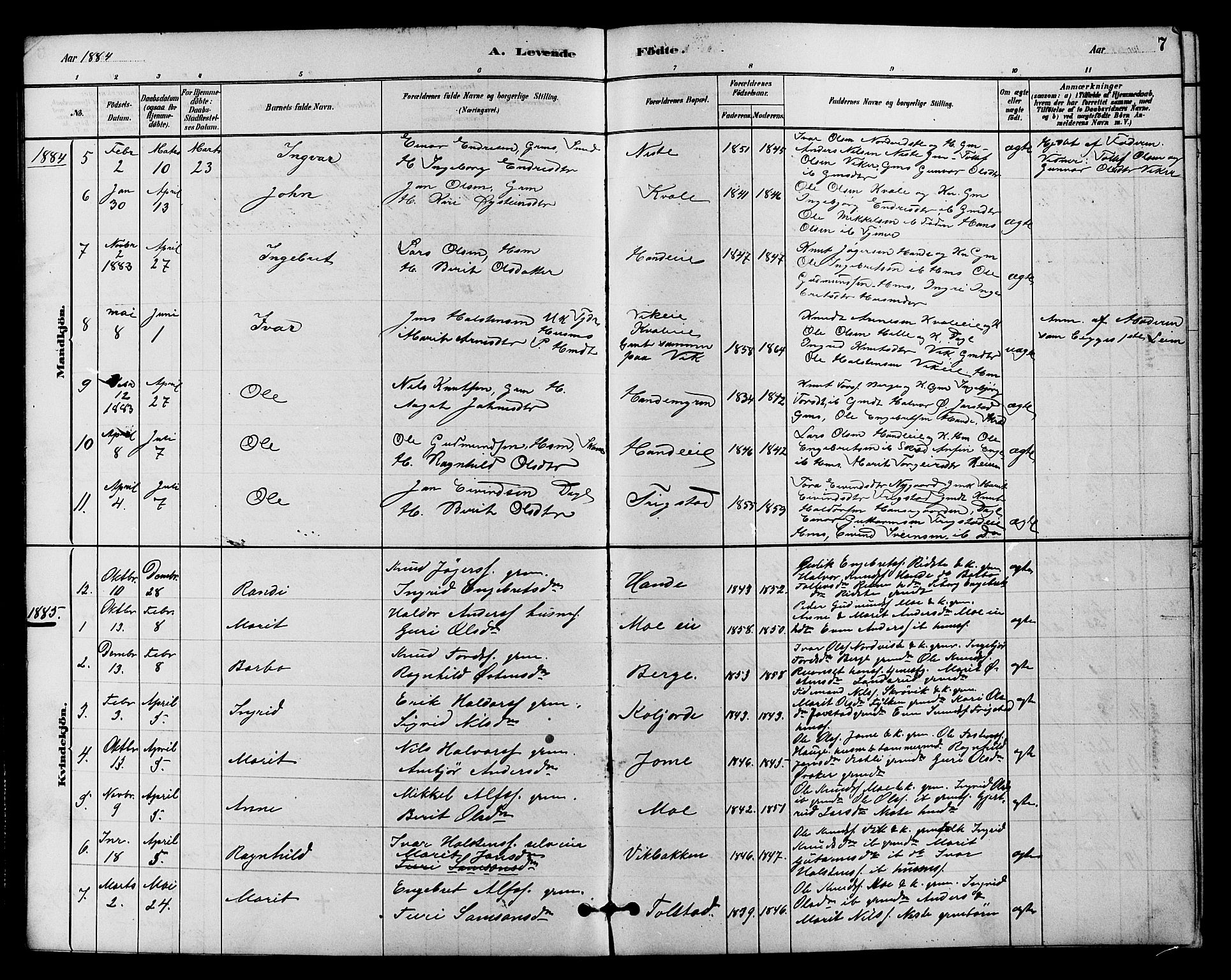 Vestre Slidre prestekontor, SAH/PREST-136/H/Ha/Hab/L0004: Parish register (copy) no. 4, 1881-1912, p. 7