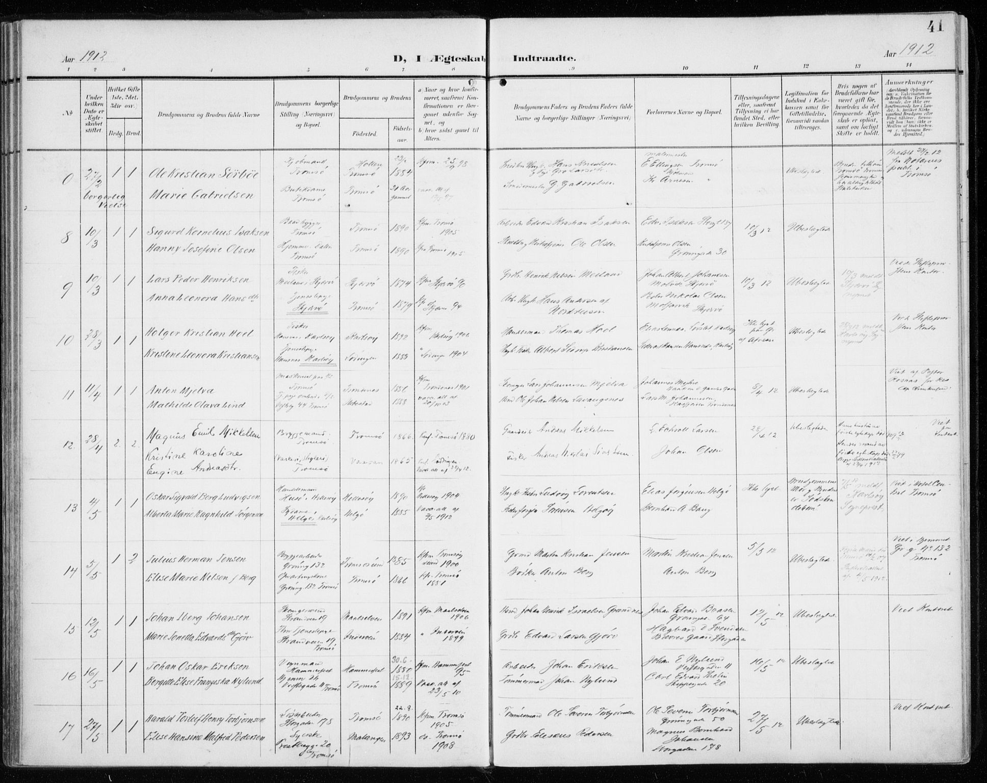 Tromsø sokneprestkontor/stiftsprosti/domprosti, AV/SATØ-S-1343/G/Ga/L0018kirke: Parish register (official) no. 18, 1907-1917, p. 41