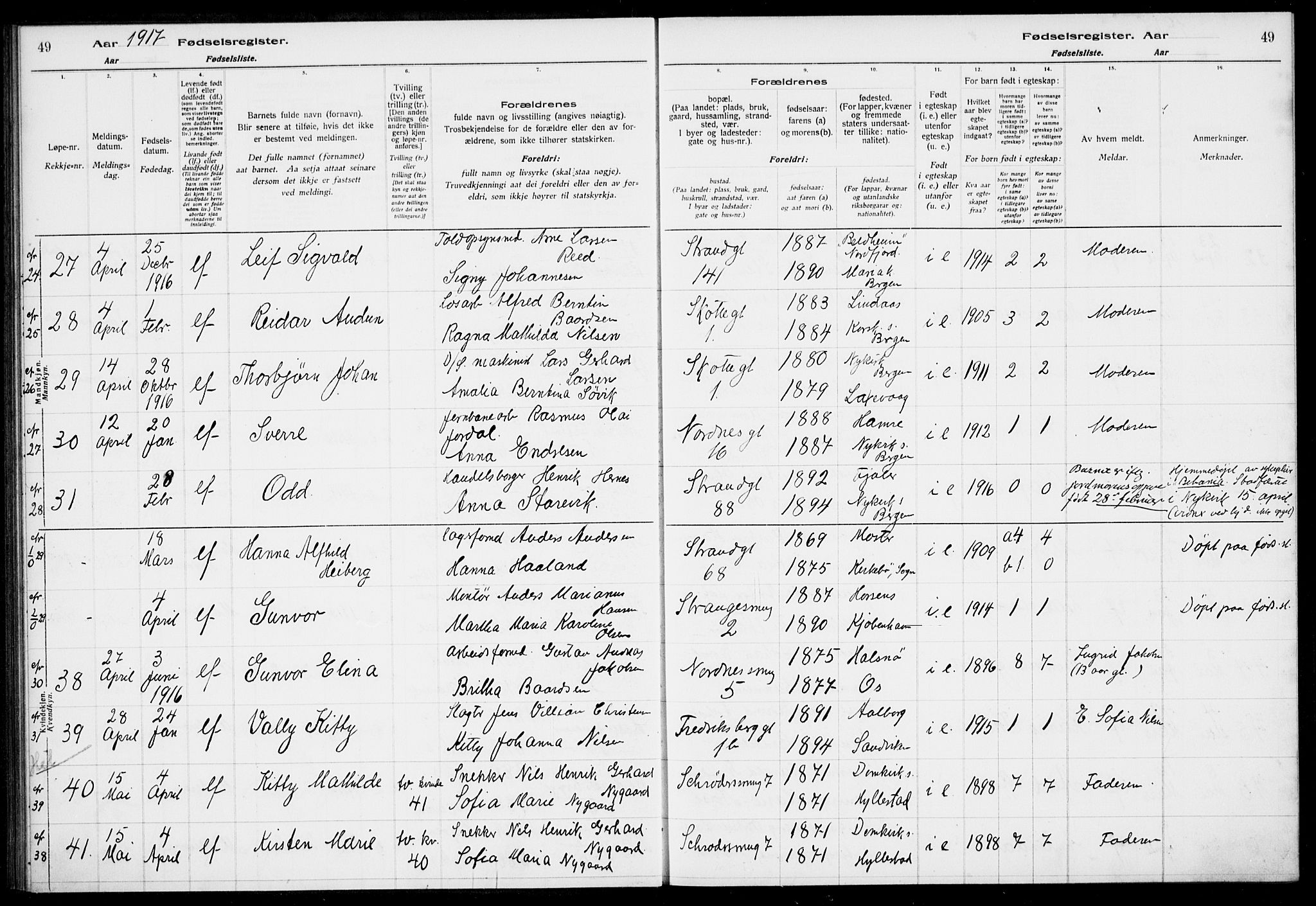 Nykirken Sokneprestembete, AV/SAB-A-77101/I/Id/L00A1: Birth register no. A 1, 1916-1922, p. 49