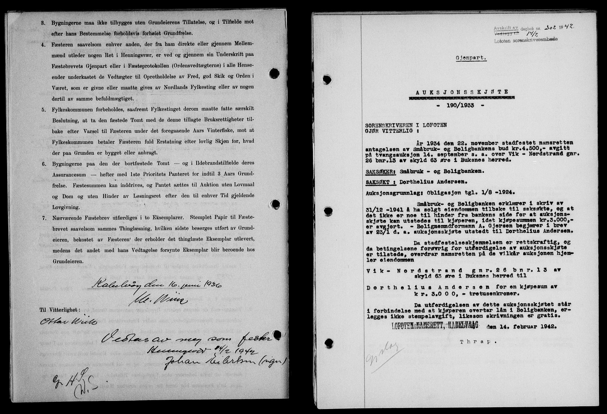 Lofoten sorenskriveri, SAT/A-0017/1/2/2C/L0009a: Mortgage book no. 9a, 1941-1942, Diary no: : 302/1942