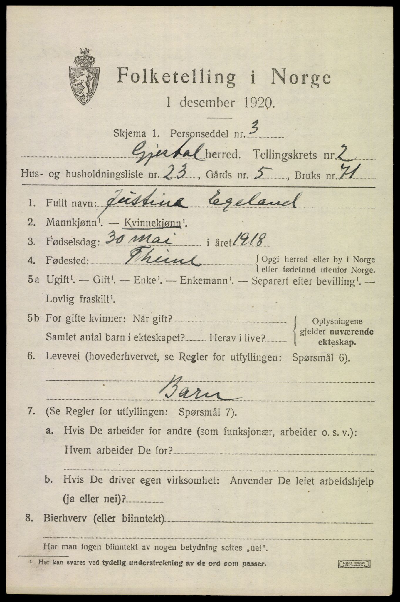 SAST, 1920 census for Gjesdal, 1920, p. 1738