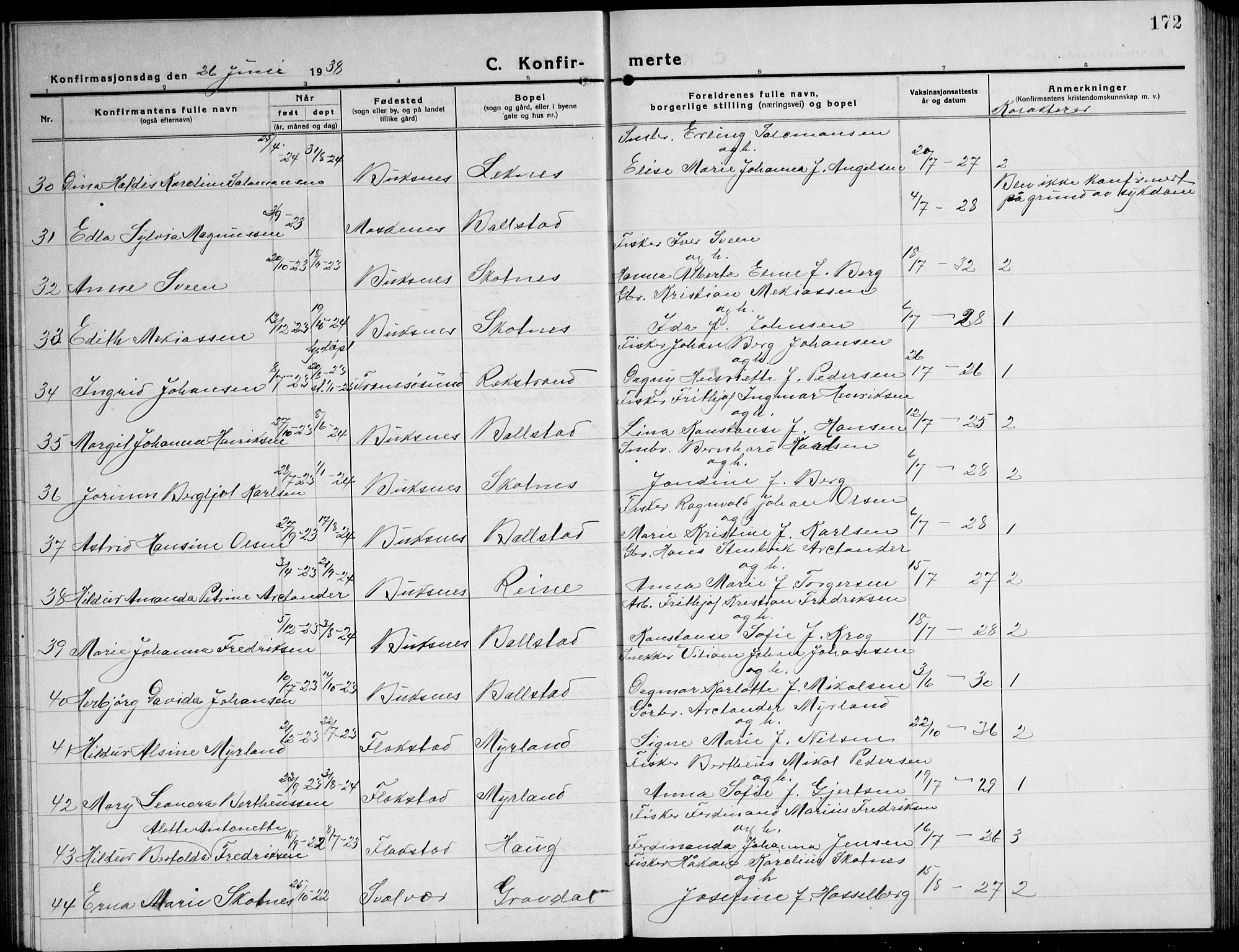 Ministerialprotokoller, klokkerbøker og fødselsregistre - Nordland, AV/SAT-A-1459/881/L1170: Parish register (copy) no. 881C07, 1930-1943, p. 172