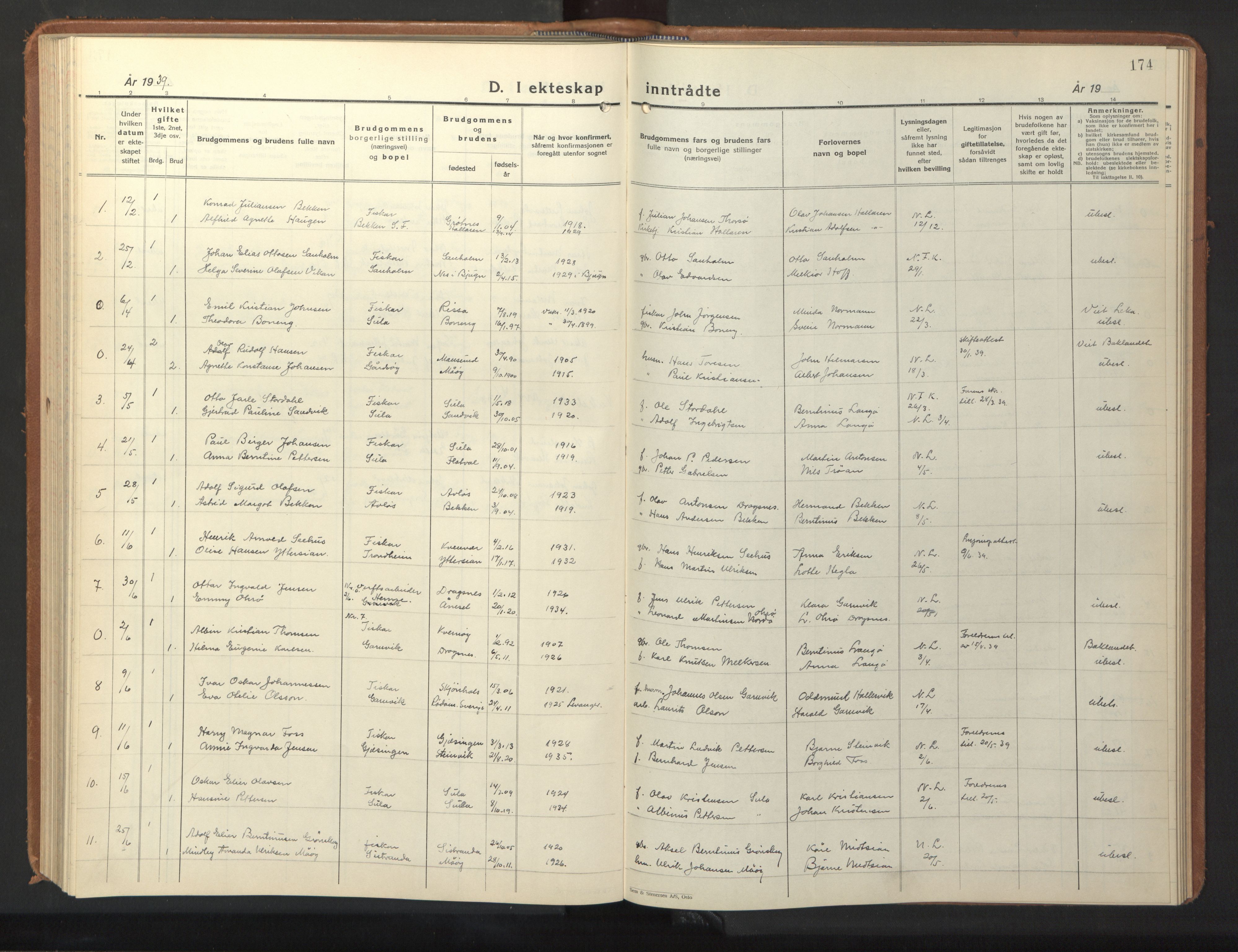 Ministerialprotokoller, klokkerbøker og fødselsregistre - Sør-Trøndelag, SAT/A-1456/640/L0590: Parish register (copy) no. 640C07, 1935-1948, p. 174