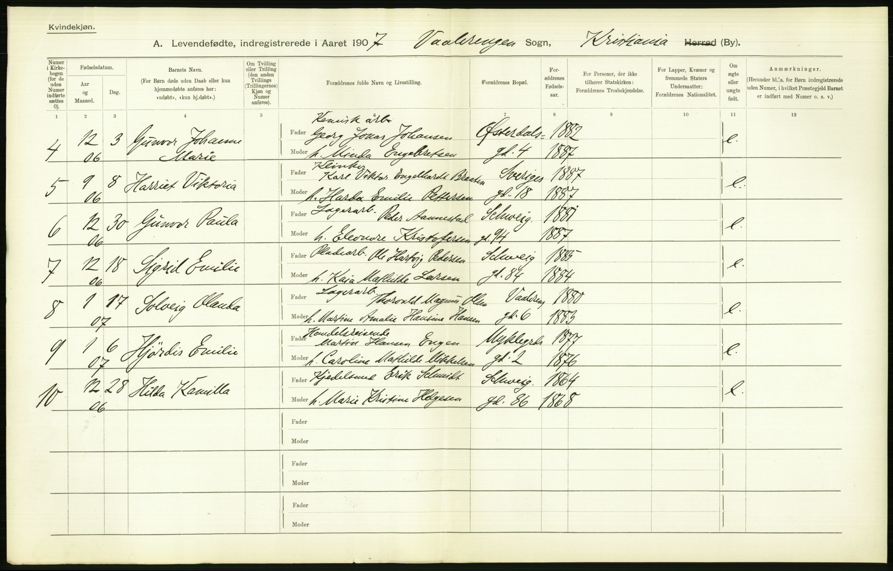 Statistisk sentralbyrå, Sosiodemografiske emner, Befolkning, AV/RA-S-2228/D/Df/Dfa/Dfae/L0007: Kristiania: Levendefødte menn og kvinner., 1907, p. 578