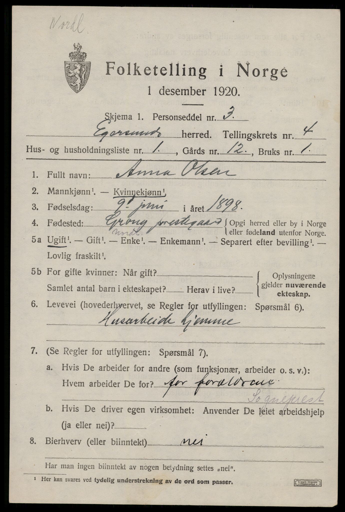 SAST, 1920 census for Eigersund, 1920, p. 2797