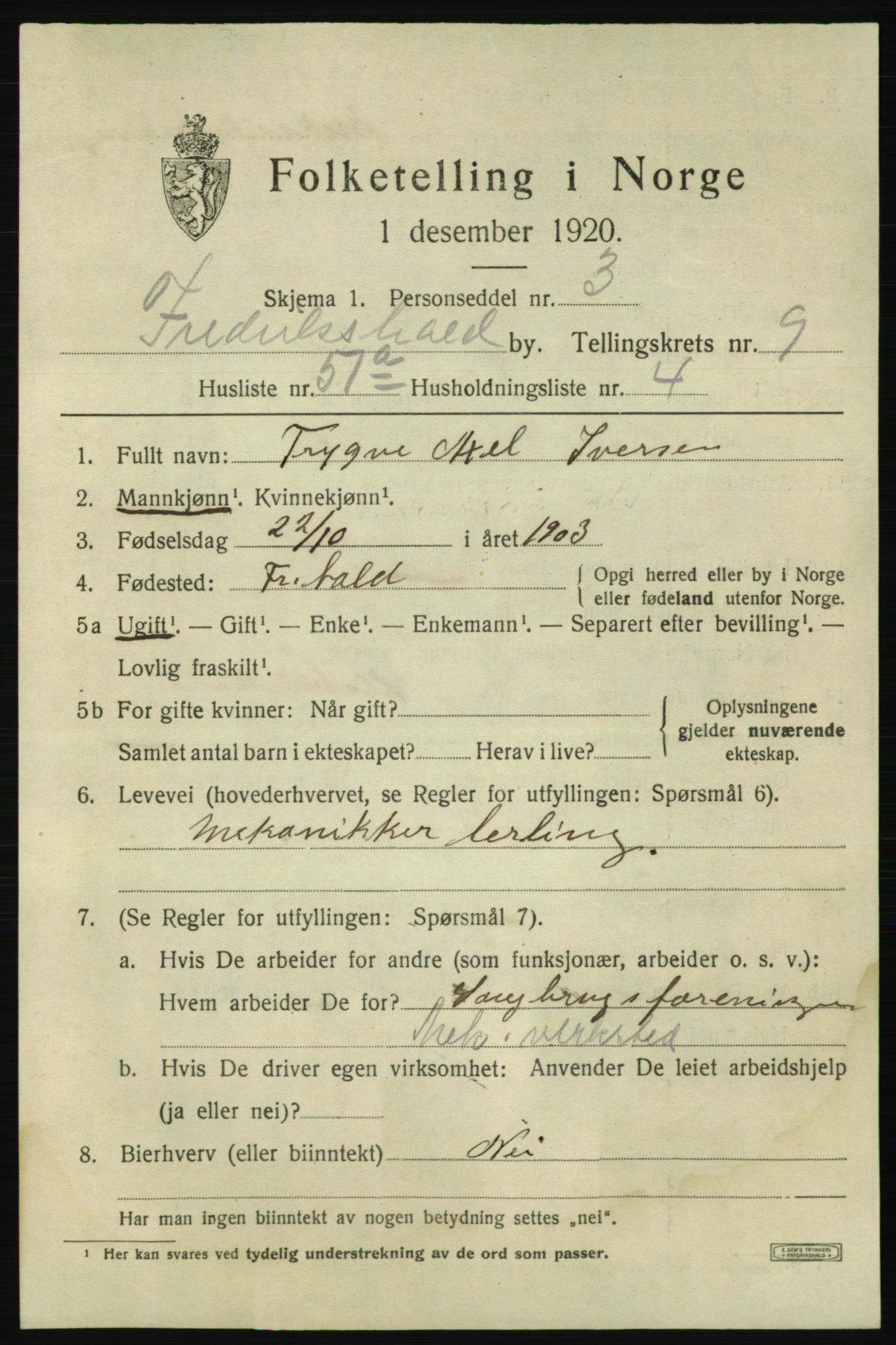 SAO, 1920 census for Fredrikshald, 1920, p. 17159