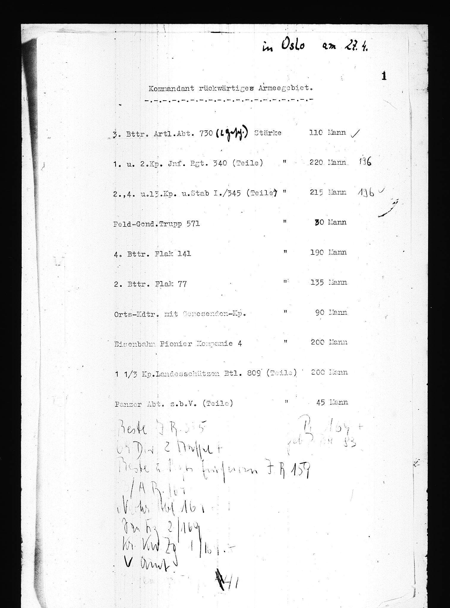 Documents Section, RA/RAFA-2200/V/L0083: Amerikansk mikrofilm "Captured German Documents".
Box No. 722.  FKA jnr. 615/1954., 1940, p. 413