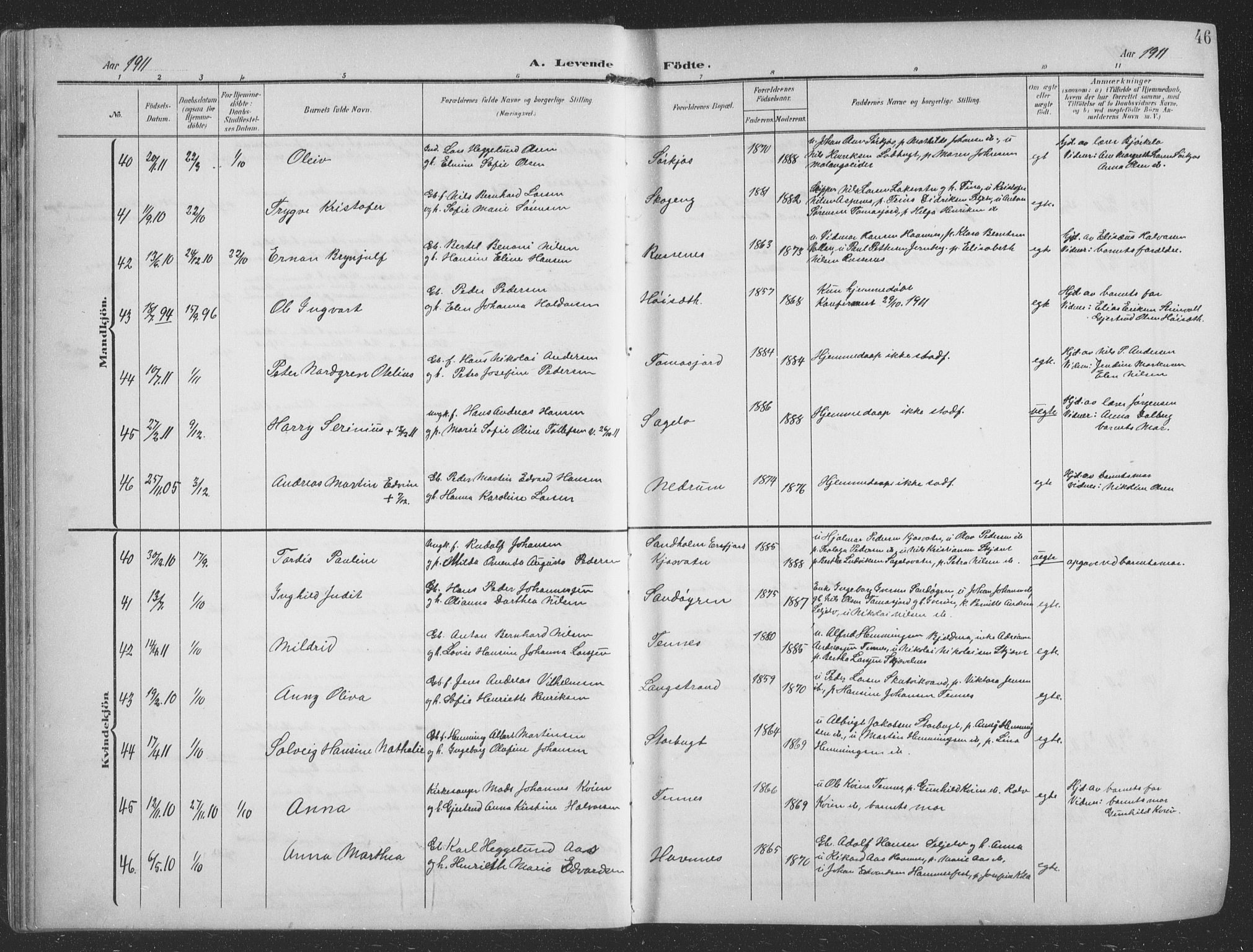 Balsfjord sokneprestembete, AV/SATØ-S-1303/G/Ga/L0009klokker: Parish register (copy) no. 9, 1906-1920, p. 46