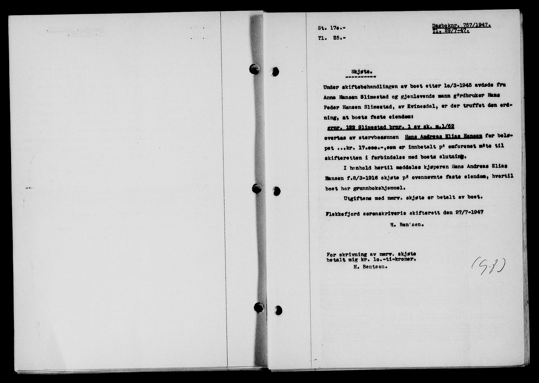 Flekkefjord sorenskriveri, SAK/1221-0001/G/Gb/Gba/L0062: Mortgage book no. A-10, 1947-1947, Diary no: : 757/1947