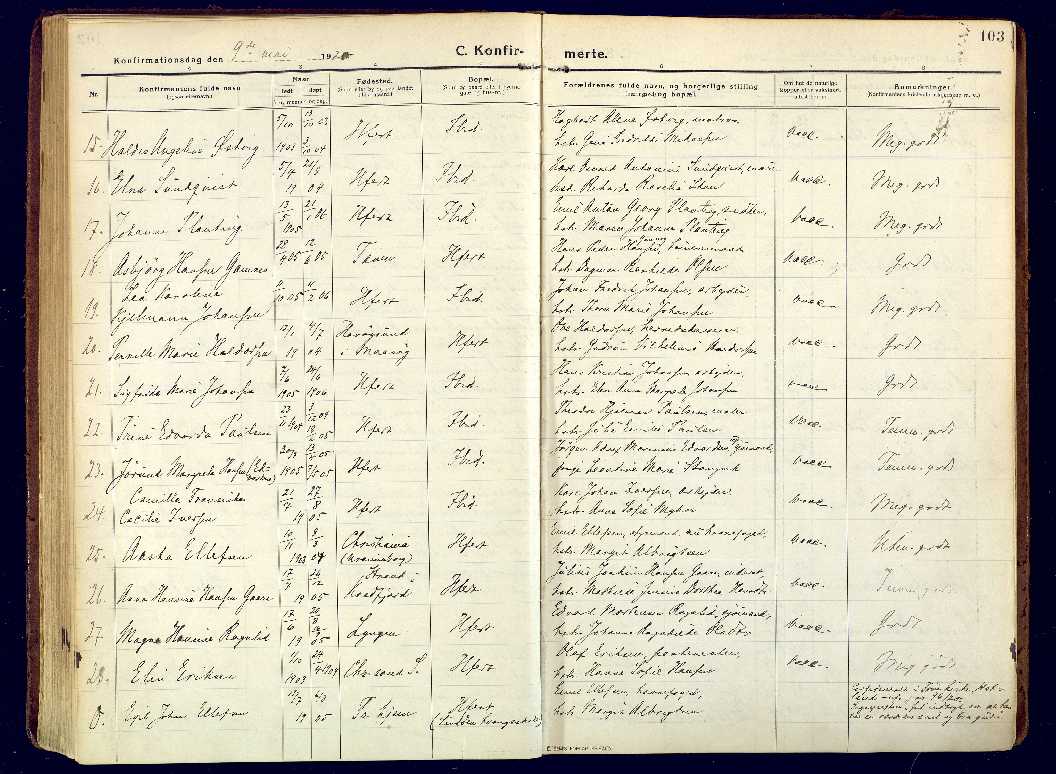 Hammerfest sokneprestkontor, SATØ/S-1347/H/Ha/L0015.kirke: Parish register (official) no. 15, 1916-1923, p. 103