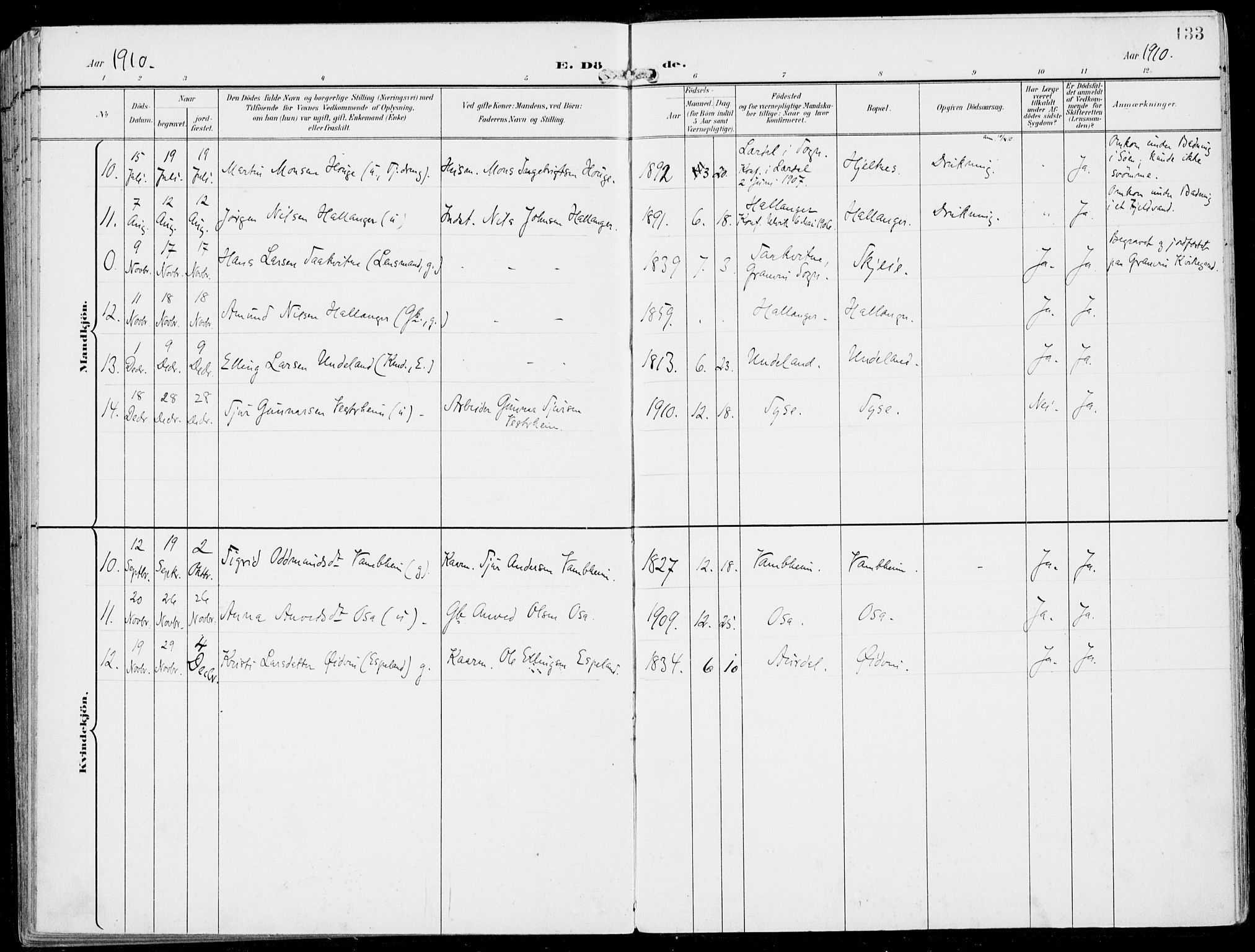 Ulvik sokneprestembete, SAB/A-78801/H/Haa: Parish register (official) no. B  2, 1898-1924, p. 133