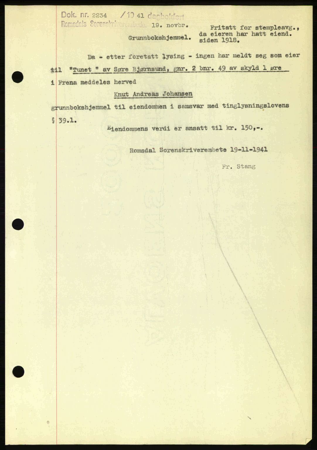 Romsdal sorenskriveri, AV/SAT-A-4149/1/2/2C: Mortgage book no. A11, 1941-1942, Diary no: : 2234/1941