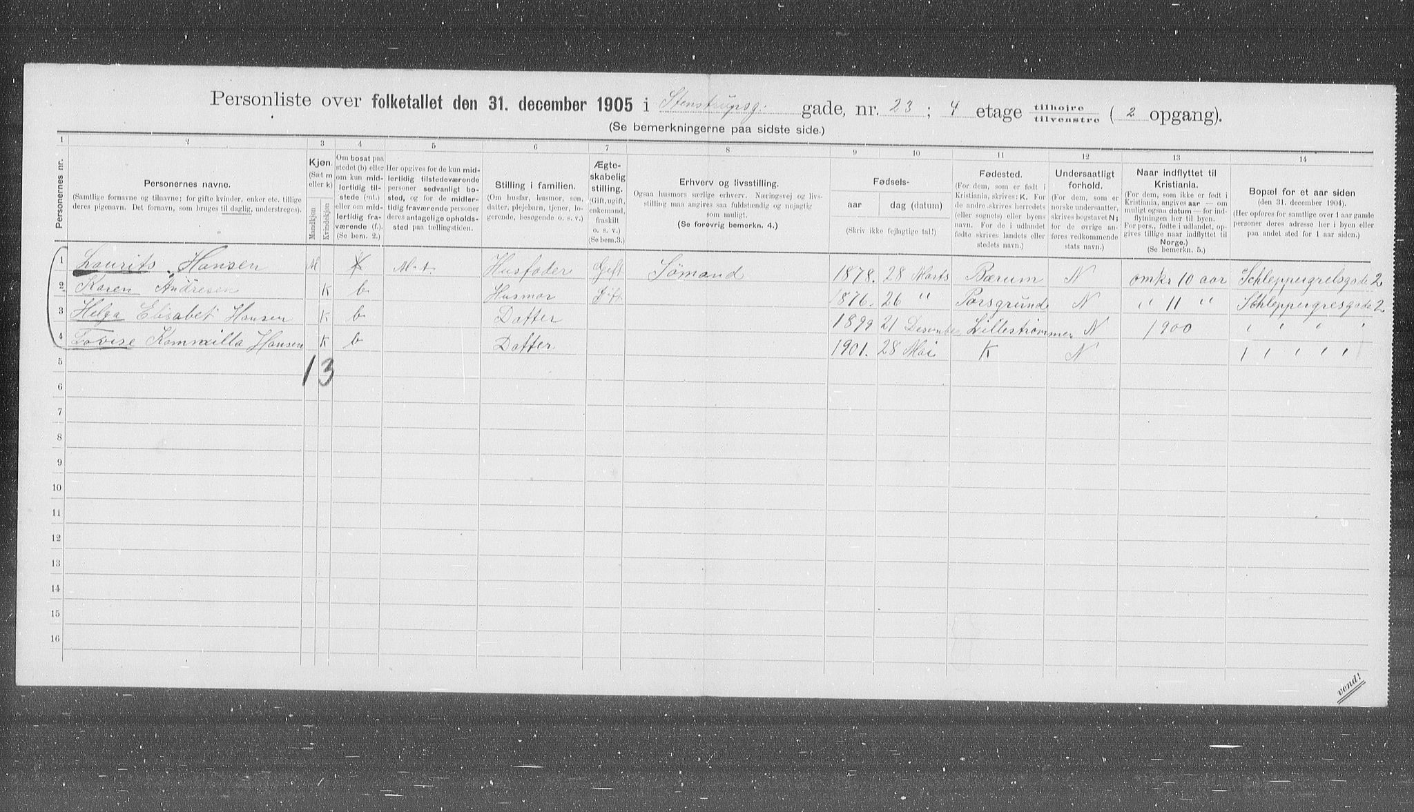 OBA, Municipal Census 1905 for Kristiania, 1905, p. 52907