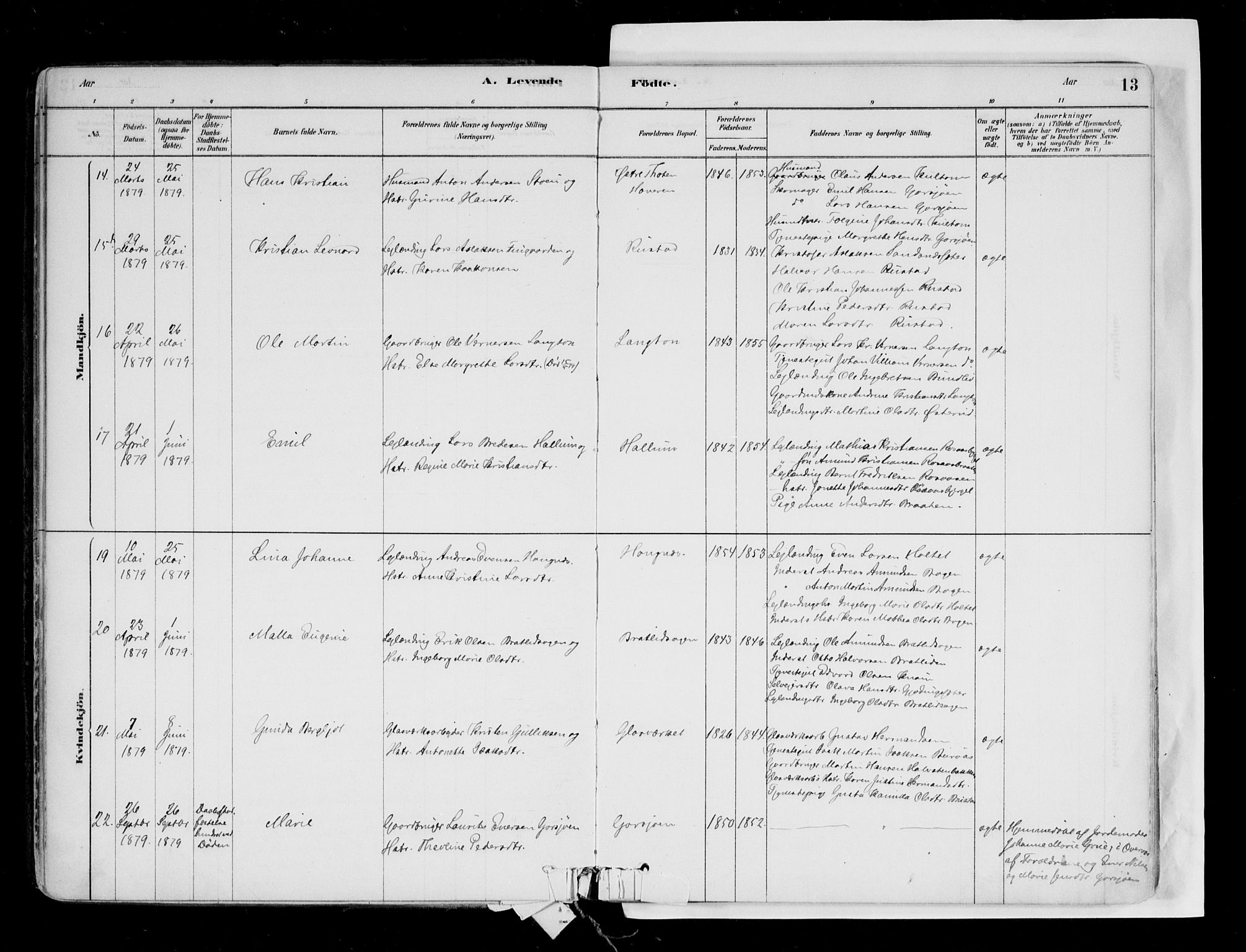 Hurdal prestekontor Kirkebøker, AV/SAO-A-10889/F/Fa/L0007: Parish register (official) no. I 7, 1878-1906, p. 13