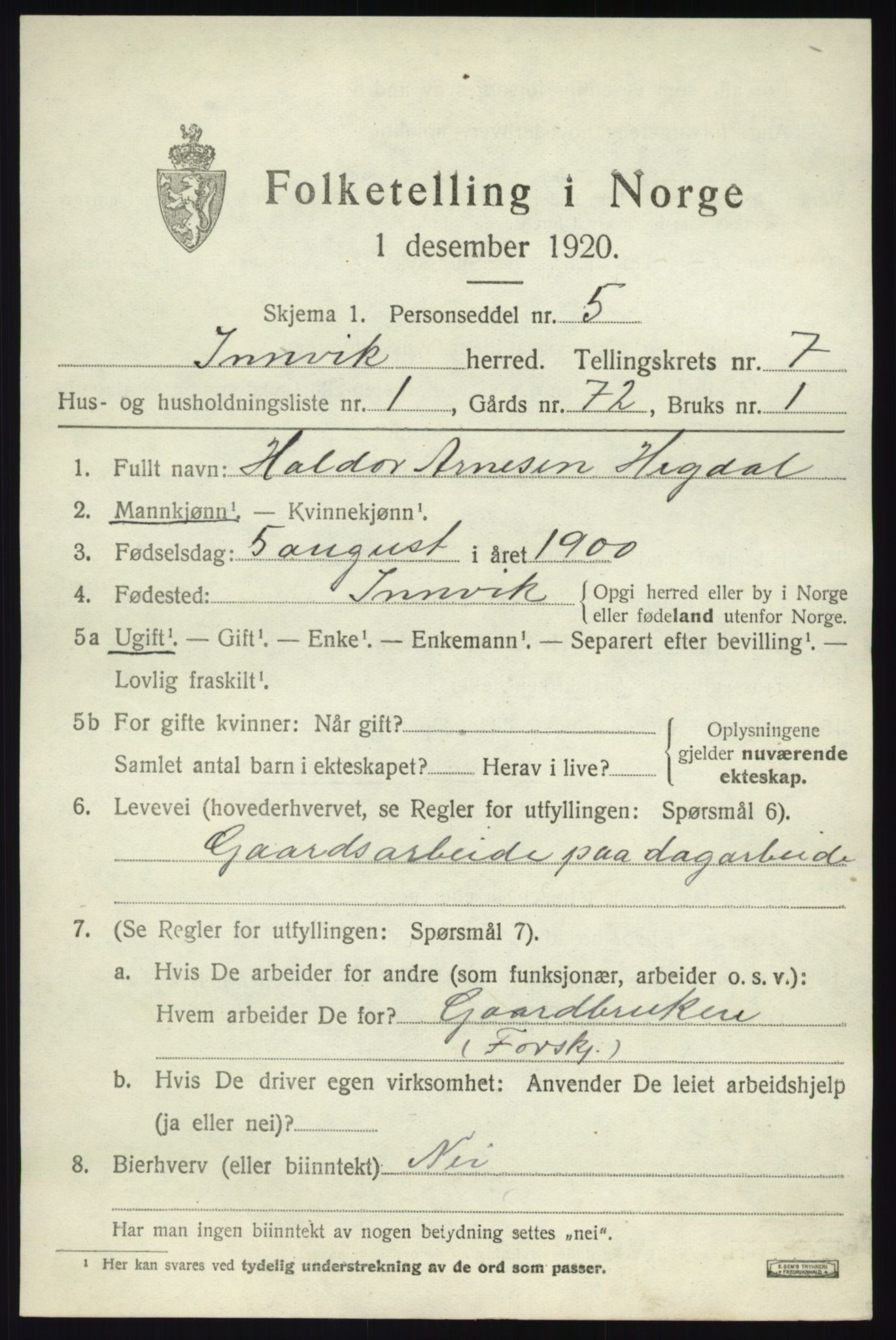 SAB, 1920 census for Innvik, 1920, p. 3155