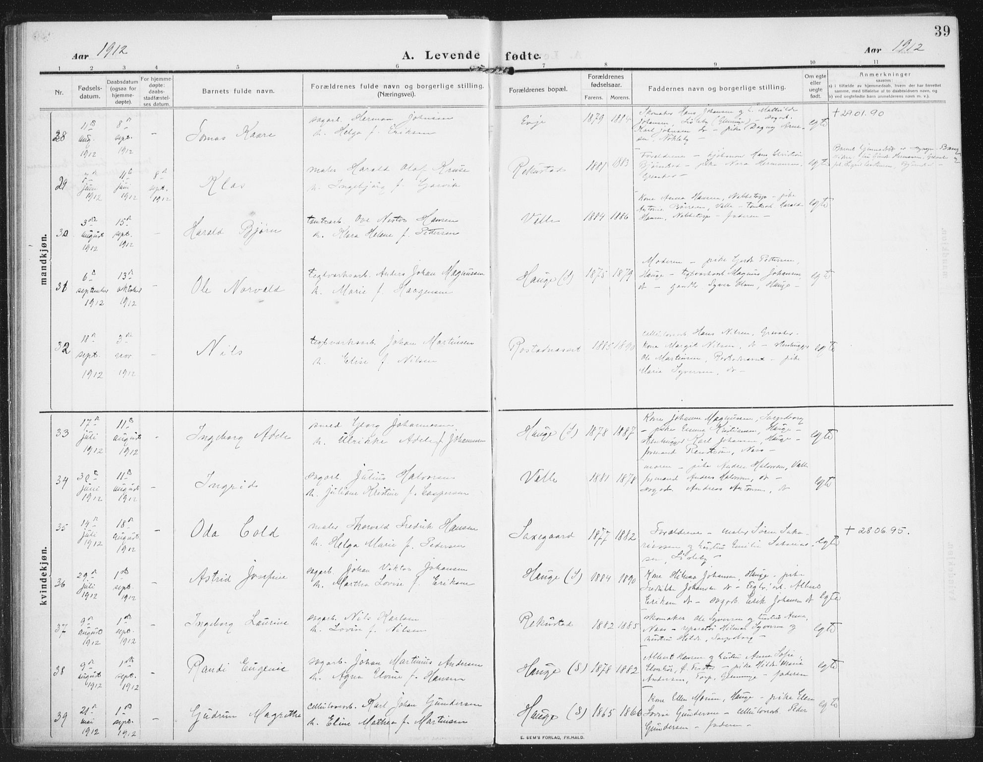 Rolvsøy prestekontor Kirkebøker, AV/SAO-A-2004/F/Fa/L0002: Parish register (official) no. 2, 1909-1917, p. 39