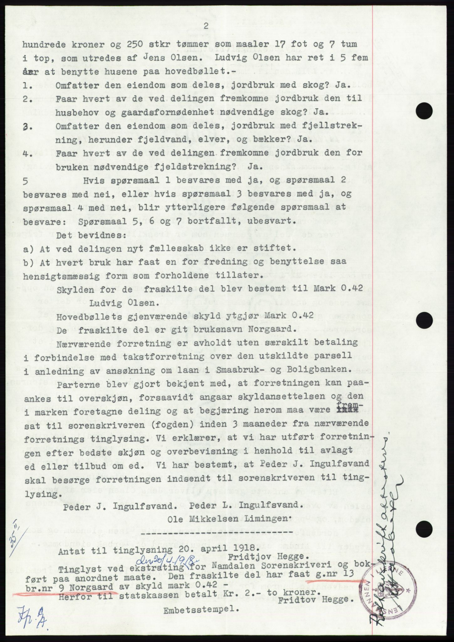 Namdal sorenskriveri, SAT/A-4133/1/2/2C: Mortgage book no. -, 1916-1921, Deed date: 20.04.1918