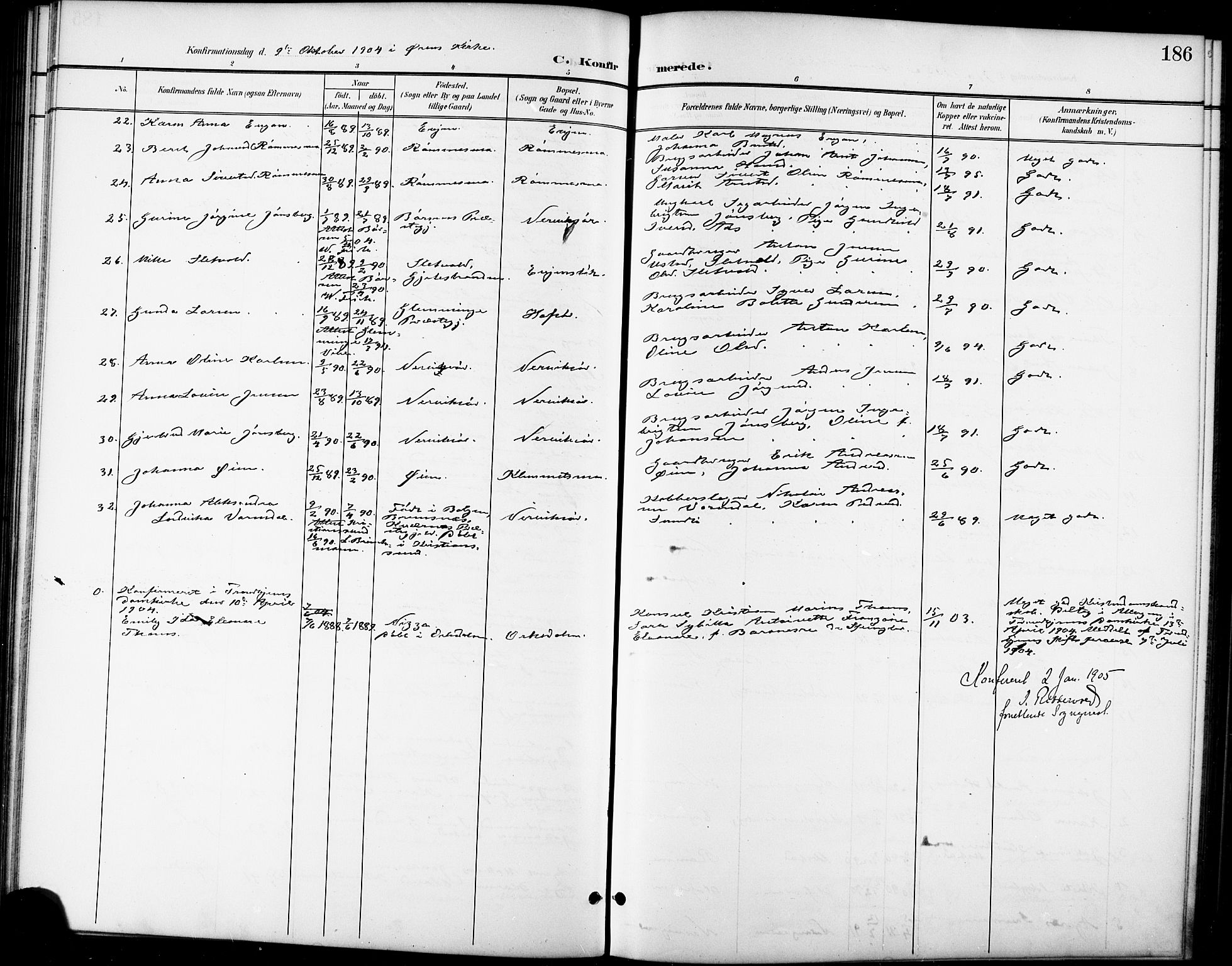 Ministerialprotokoller, klokkerbøker og fødselsregistre - Sør-Trøndelag, AV/SAT-A-1456/668/L0819: Parish register (copy) no. 668C08, 1899-1912, p. 186